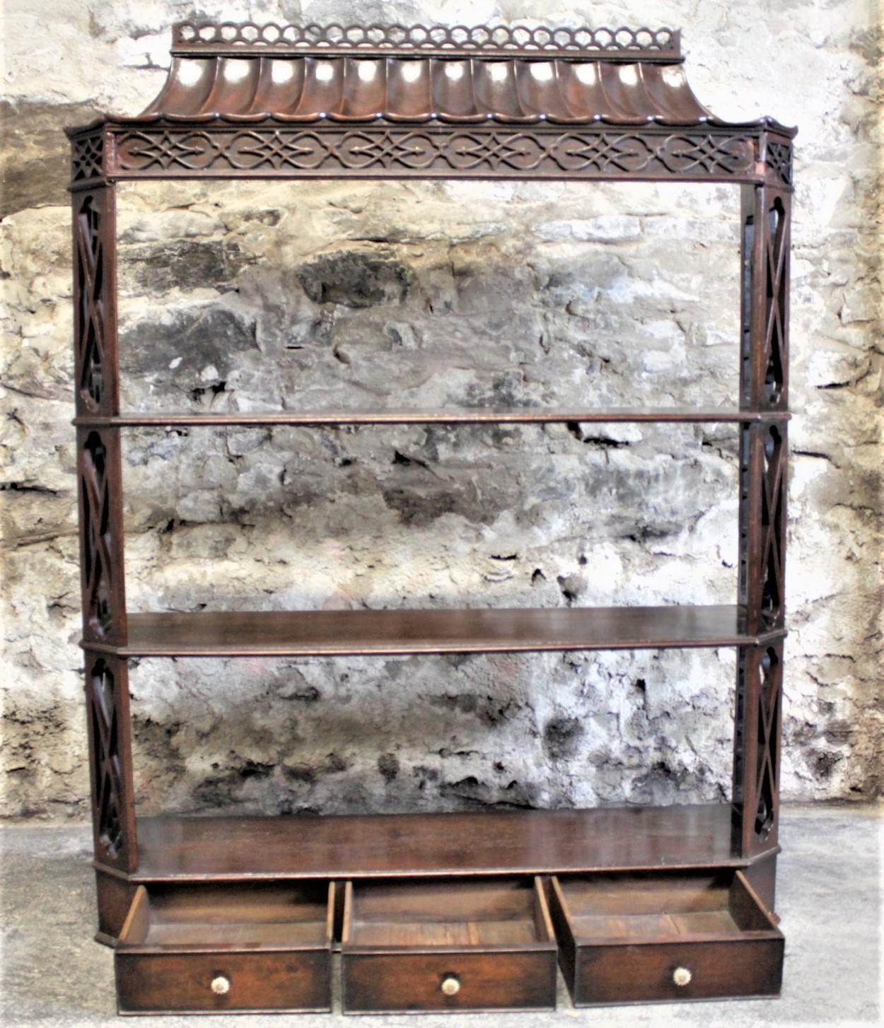 Hand-Crafted Antique Wooden Chinese Chippendale Wall Shelf or Hanging Bookshelf with Drawers