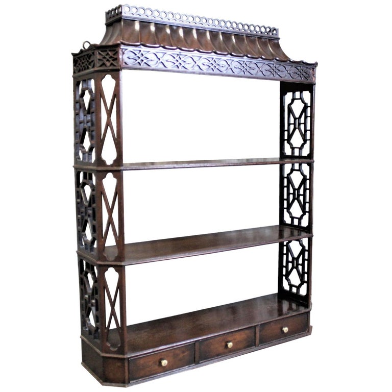 Antique Wooden Chinese Chippendale Wall Shelf or Hanging Bookshelf with