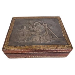 Antique wooden cigarette case with an embossed metal lid – pipe smoker motif