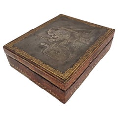 Antique wooden cigarette case with an embossed metal lid – pipe smoker motif