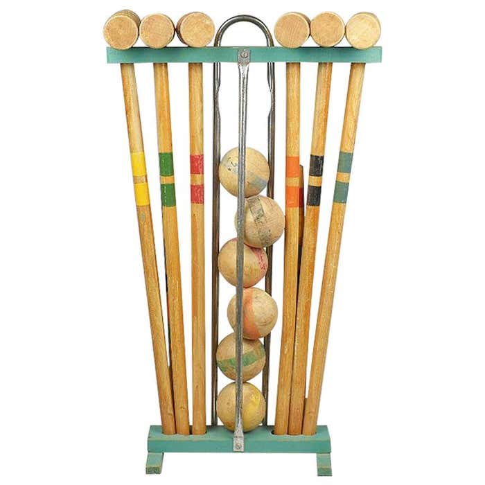 Antique Wooden Croquet Set in Green Yellow Blue Orange Red and Blue at ...