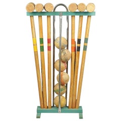 Antique Wooden Croquet Set in Green Yellow Blue Orange Red and Blue