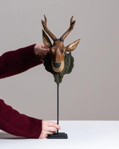 Antique Wooden Deer Head Sculpture on Metal Stand, Austria, 1910s