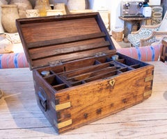 Antique Wooden Desk Box, Brass Fittings, Organized Compartments, 1930