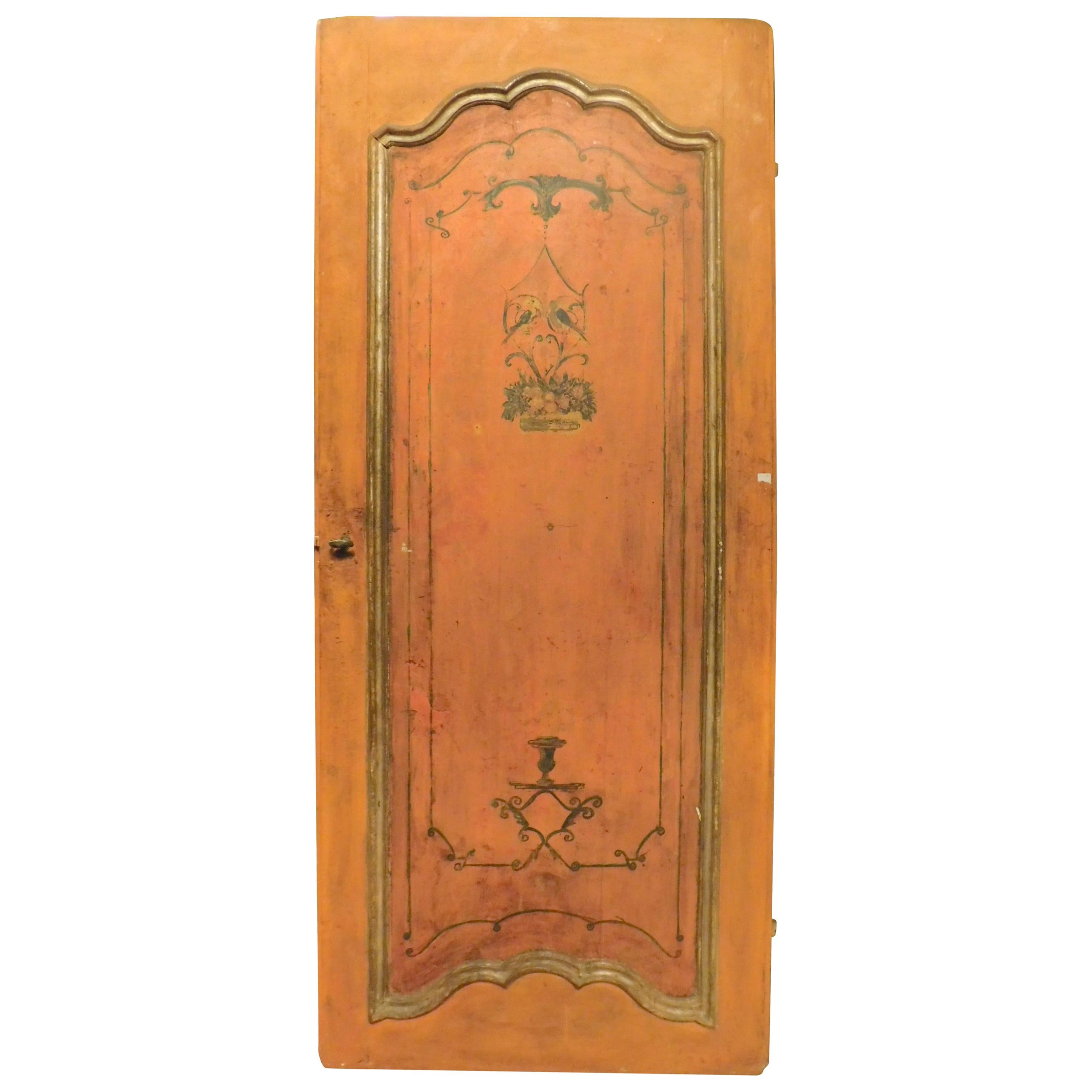 Antique Wooden Door Lacquered and Painted Orange, 1700, Italy For Sale
