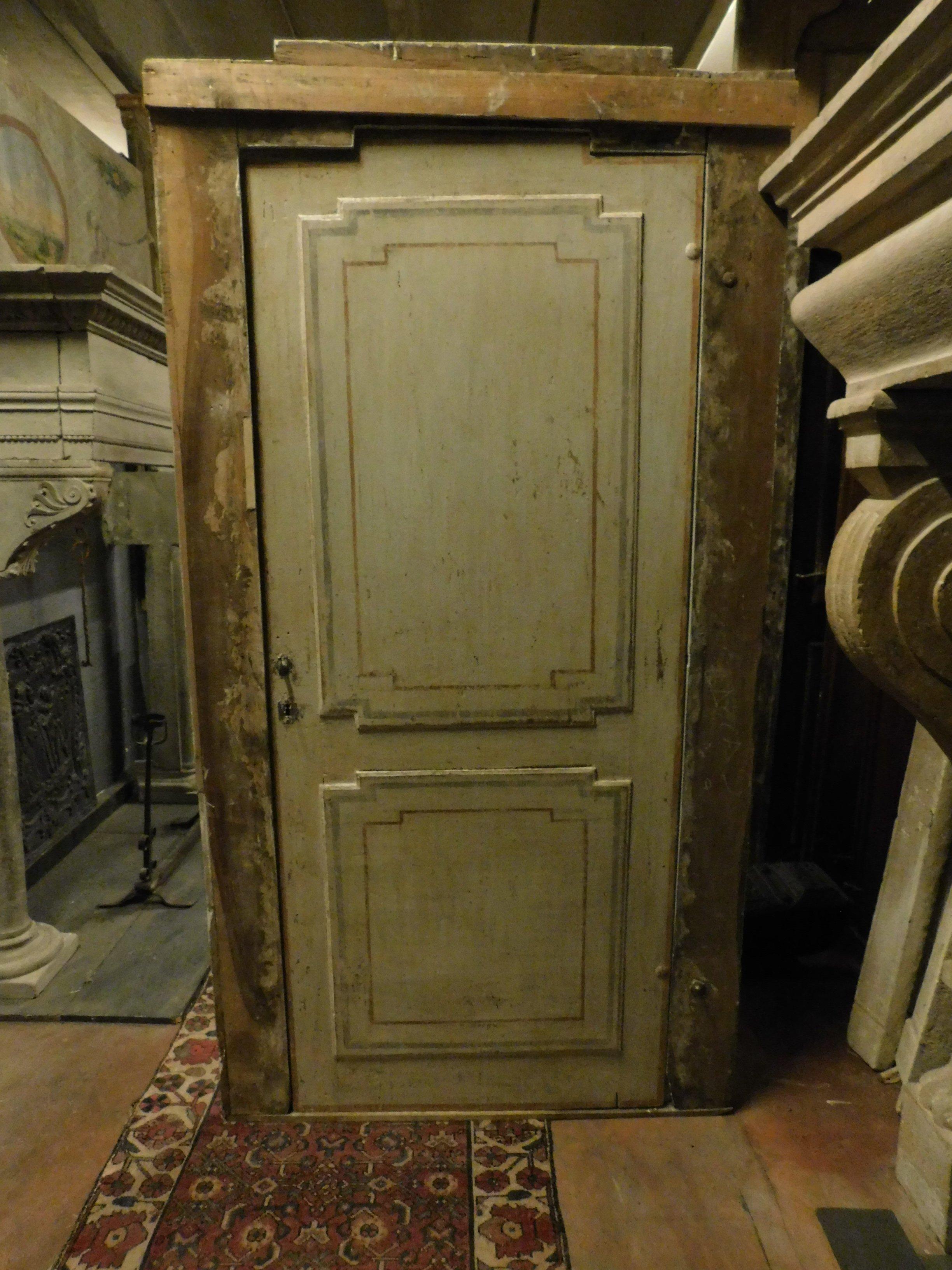 Hand-Painted Antique Wooden Door Painted with Frame, Orange White, 18th Century, Italy