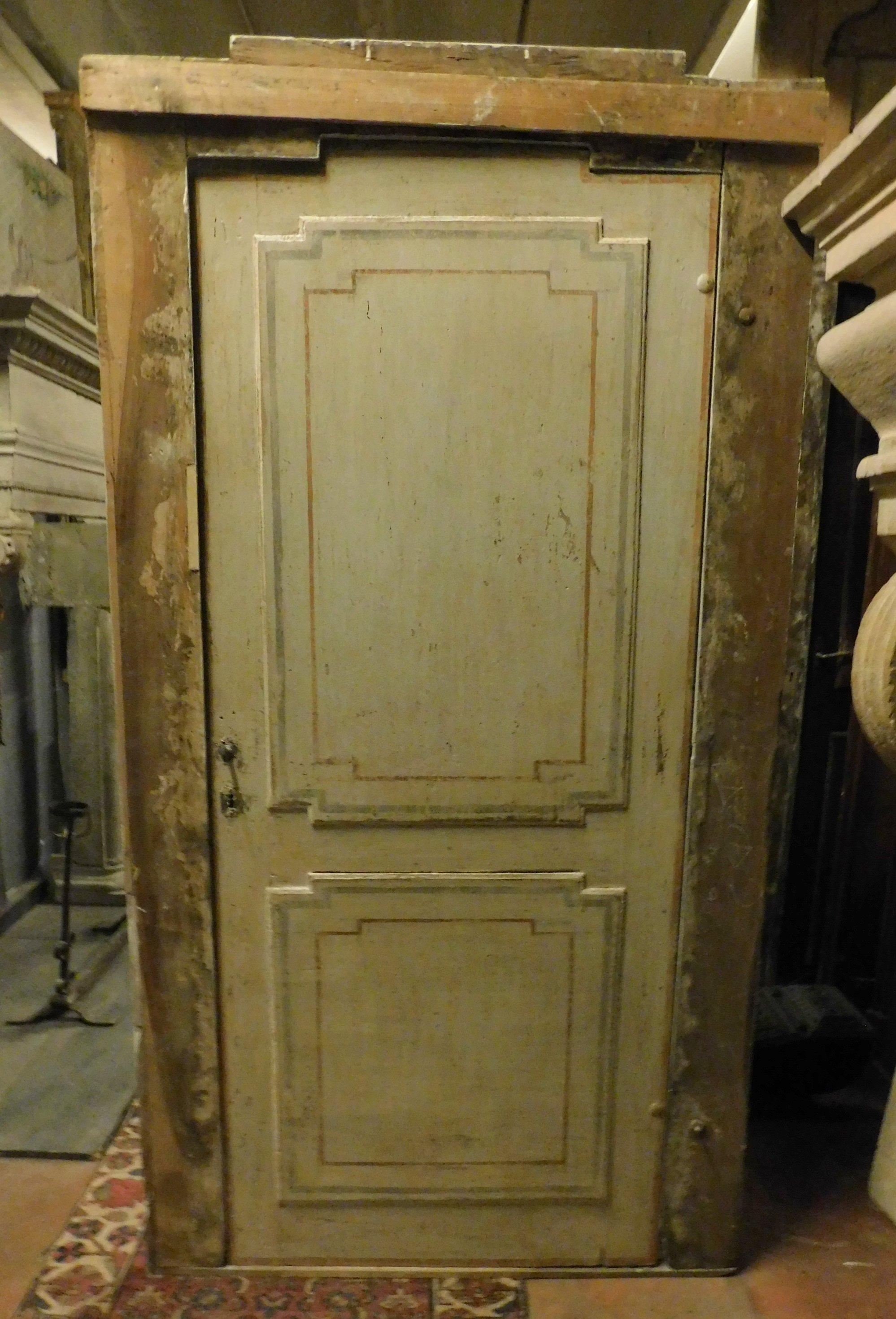 Antique Wooden Door Painted with Frame, Orange White, 18th Century, Italy In Good Condition In Cuneo, Italy (CN)
