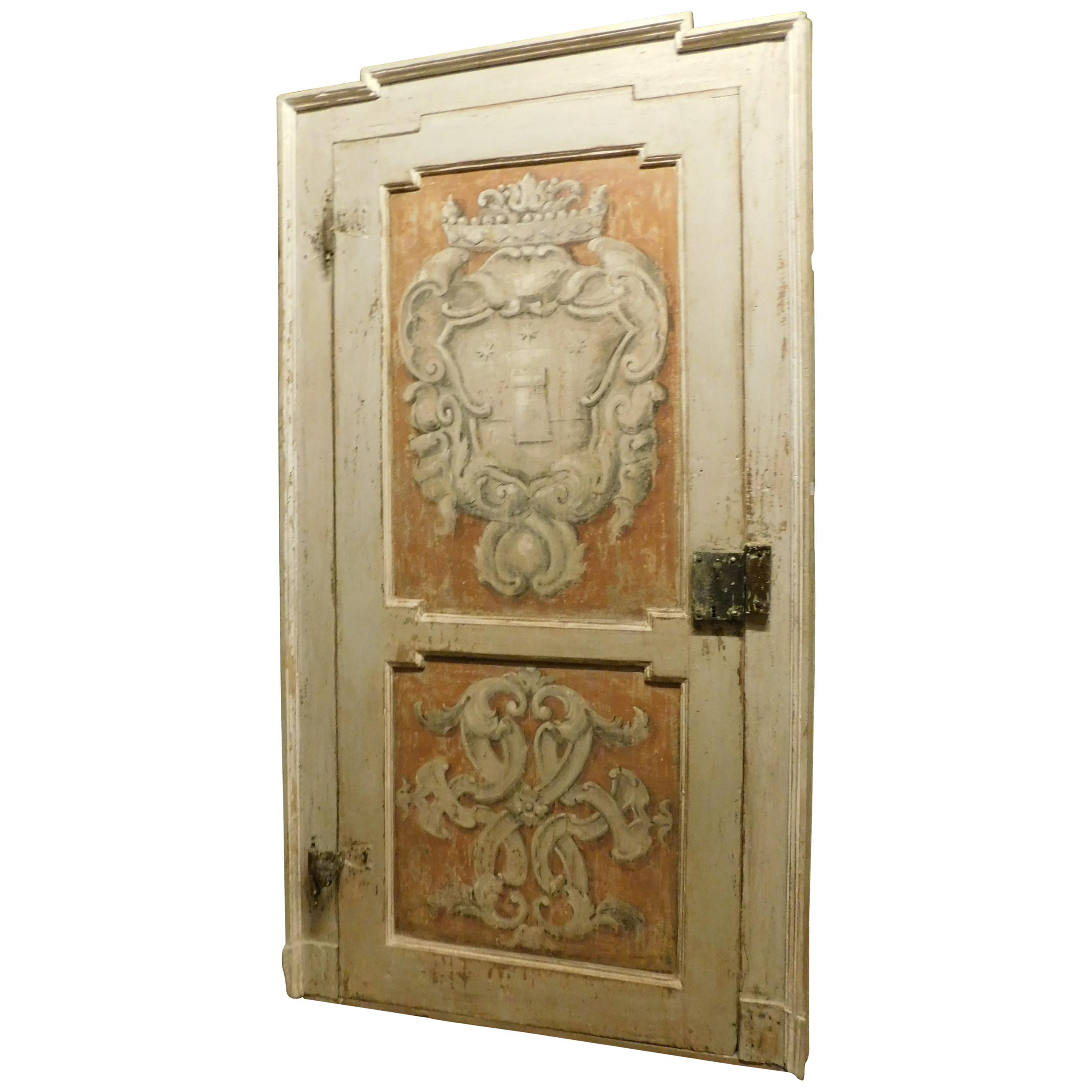 Antique Wooden Door Painted with Frame, Orange White, 18th Century, Italy