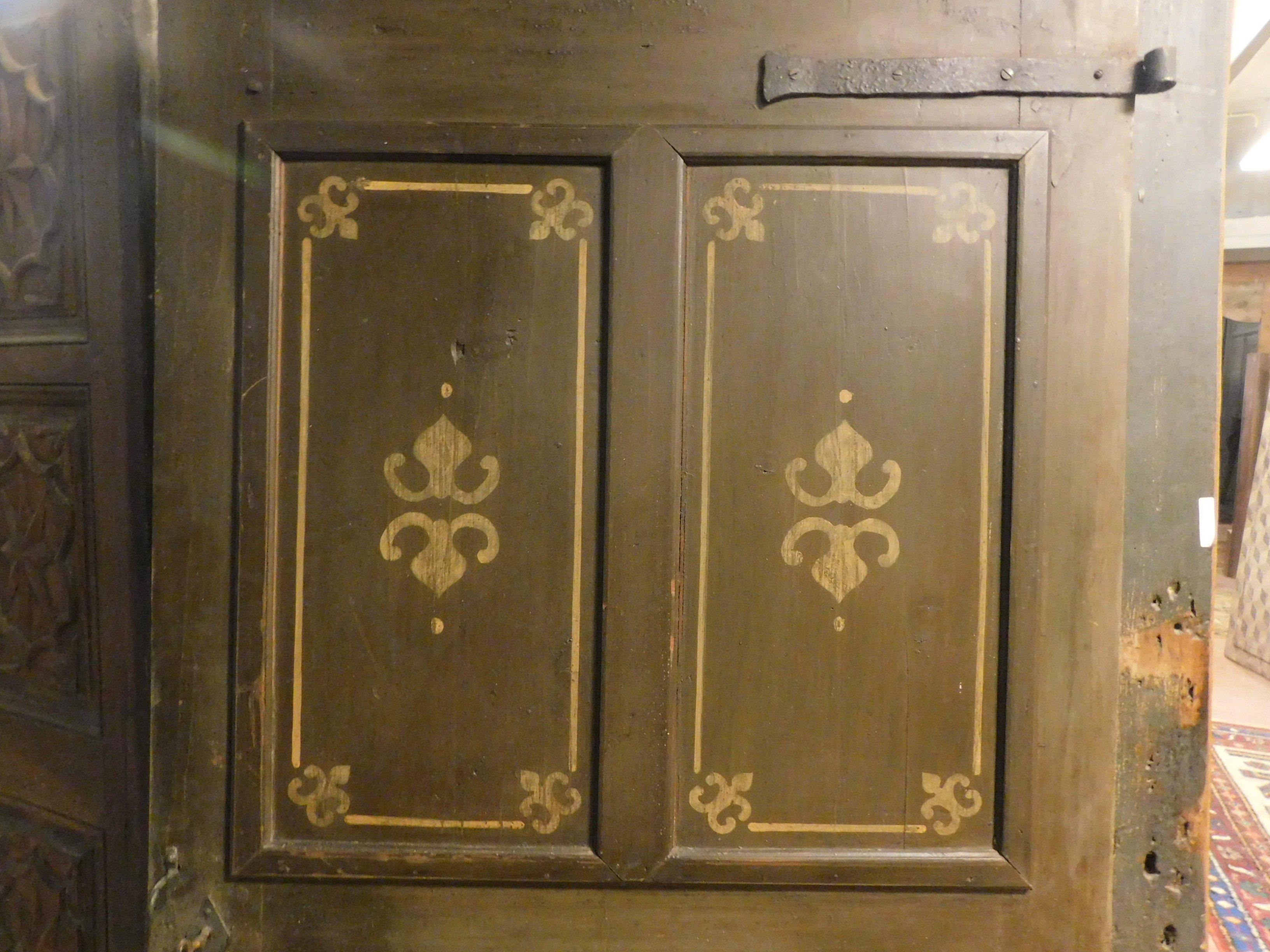 Hand-Painted Antique Wooden Door with 4 Painted Panels, Rustic, 19th Century, Italy For Sale