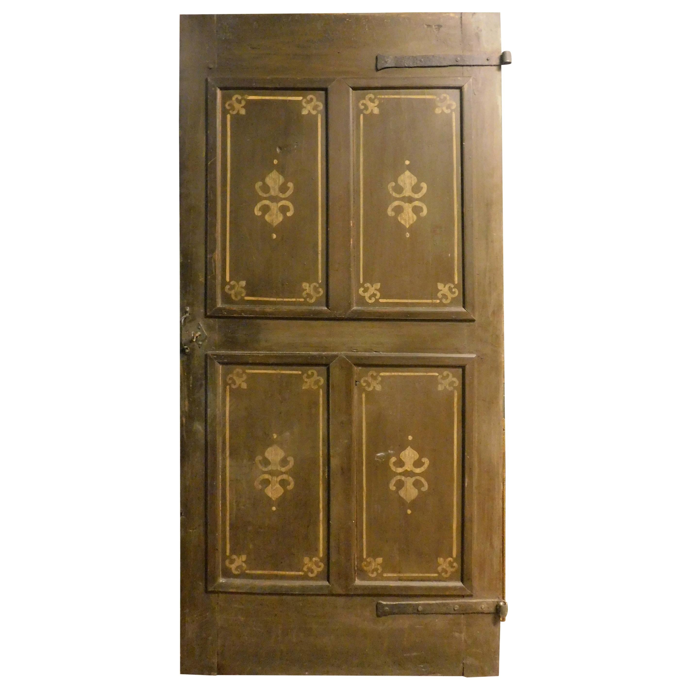 Antique Wooden Door with 4 Painted Panels, Rustic, 19th Century, Italy