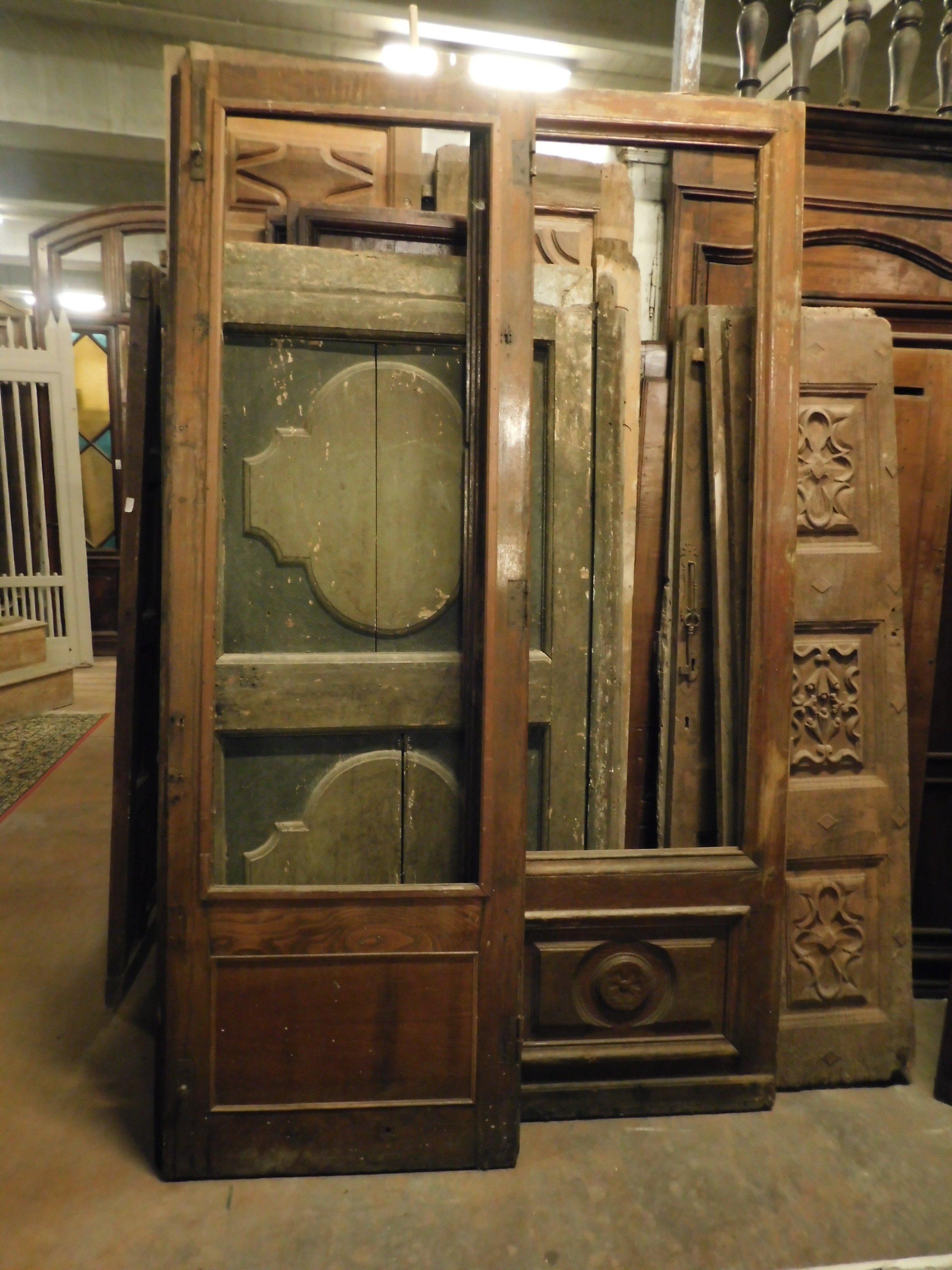 Hand-Carved Antique Wooden Doorwith Glass, Shop Door, 1800, Italy