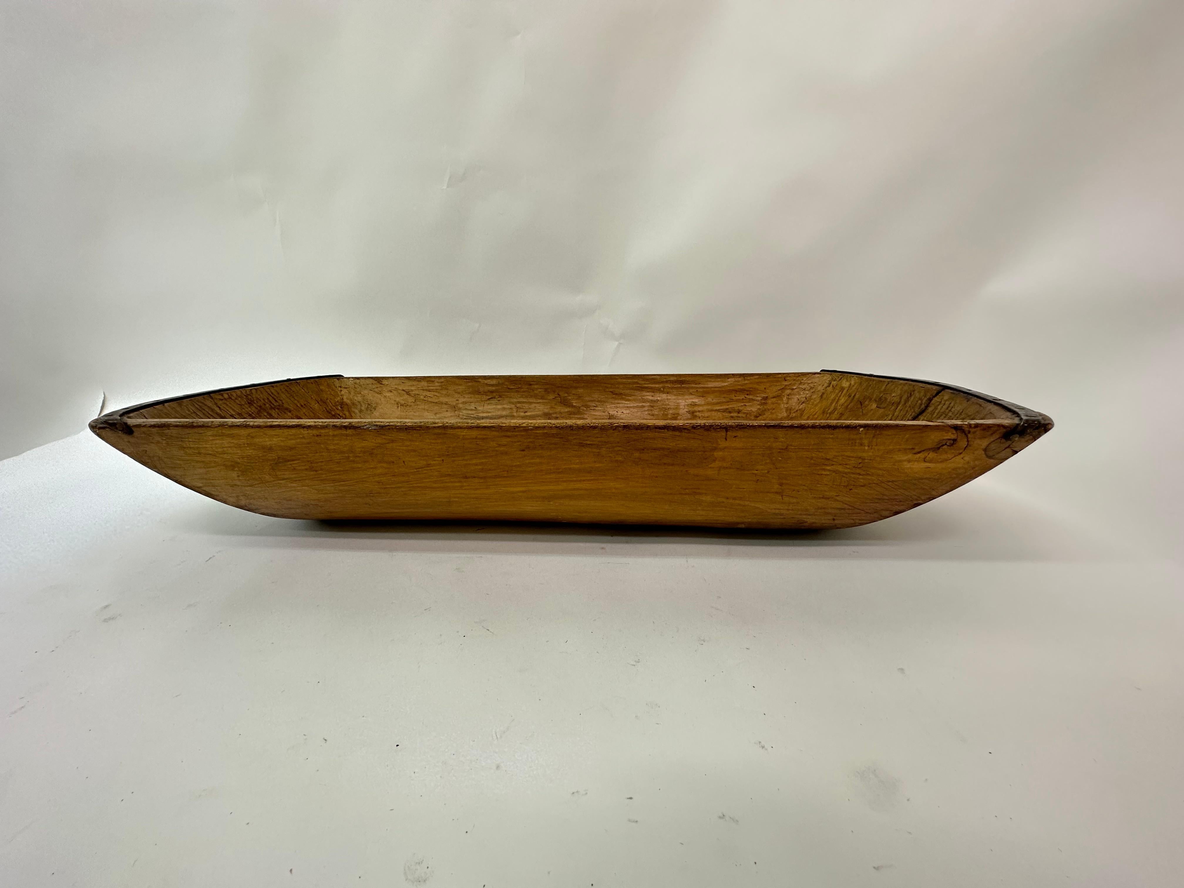 Antique wooden dough bowl trough hand carved with metal details 1900’s 10