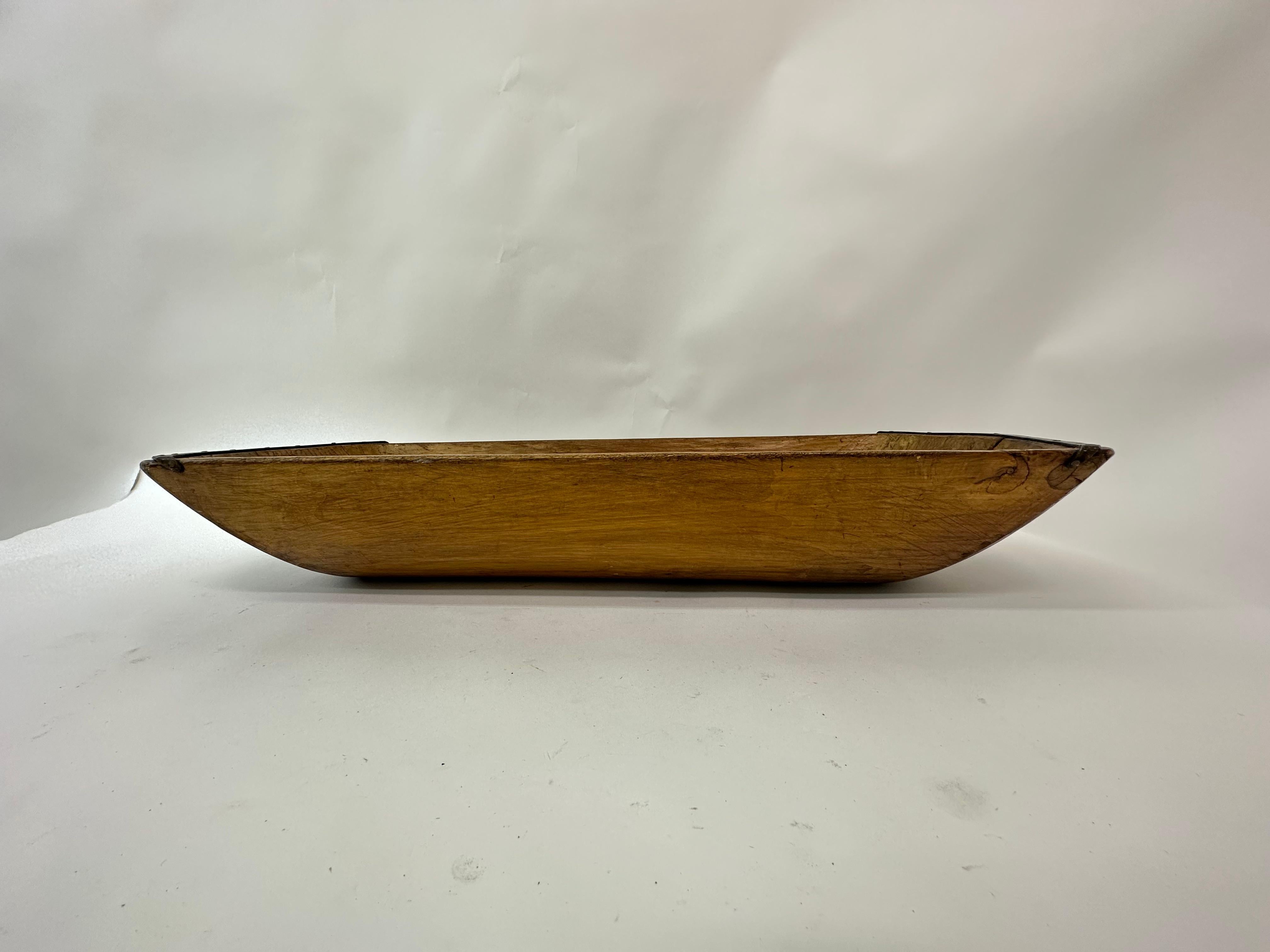 Antique wooden dough bowl trough hand carved with metal details 1900’s 11