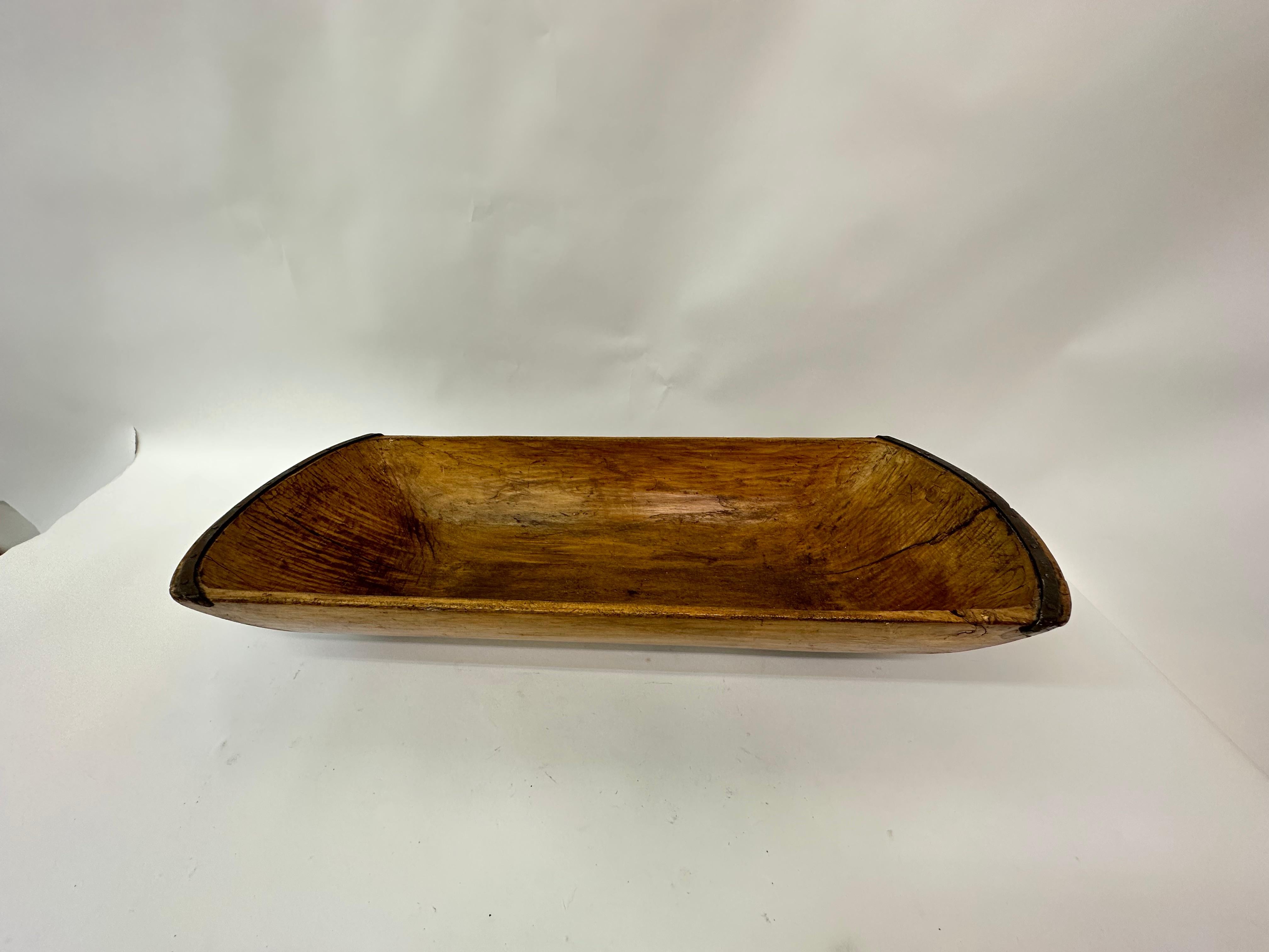 Antique wooden dough bowl trough hand carved with metal details 1900’s 12