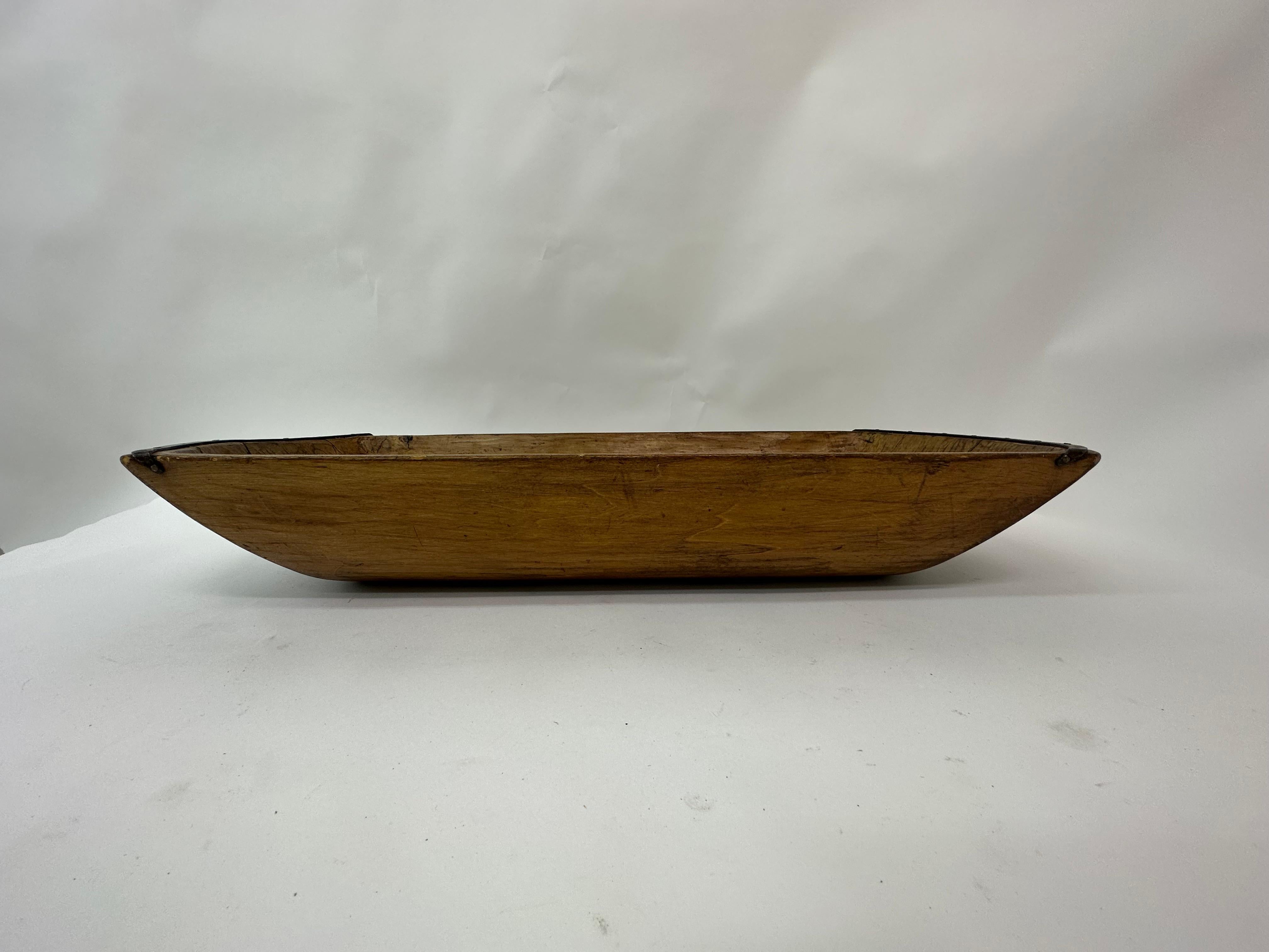 Medieval Antique wooden dough bowl trough hand carved with metal details 1900’s