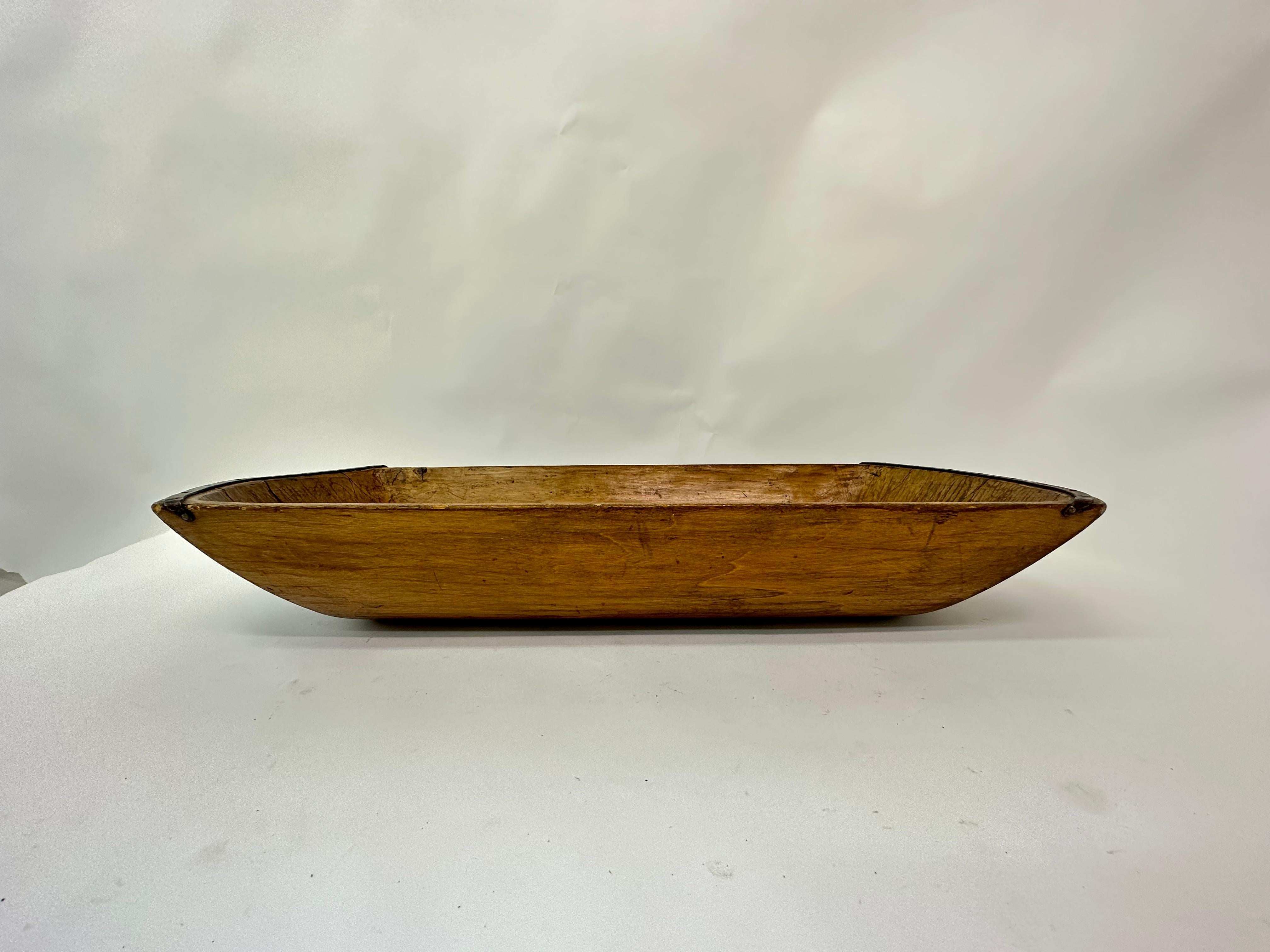 French Antique wooden dough bowl trough hand carved with metal details 1900’s
