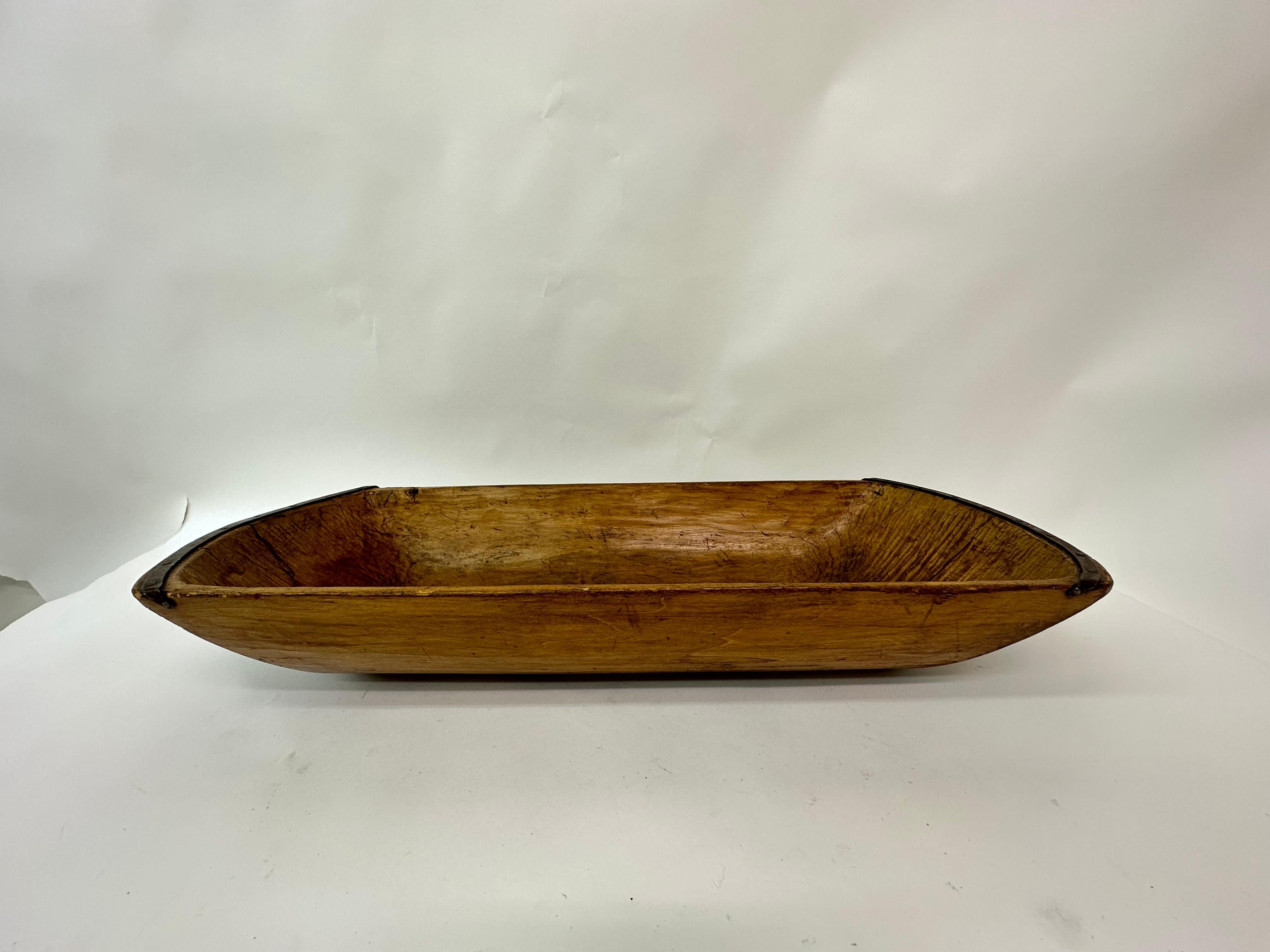 Early 20th Century Antique wooden dough bowl trough hand carved with metal details 1900’s