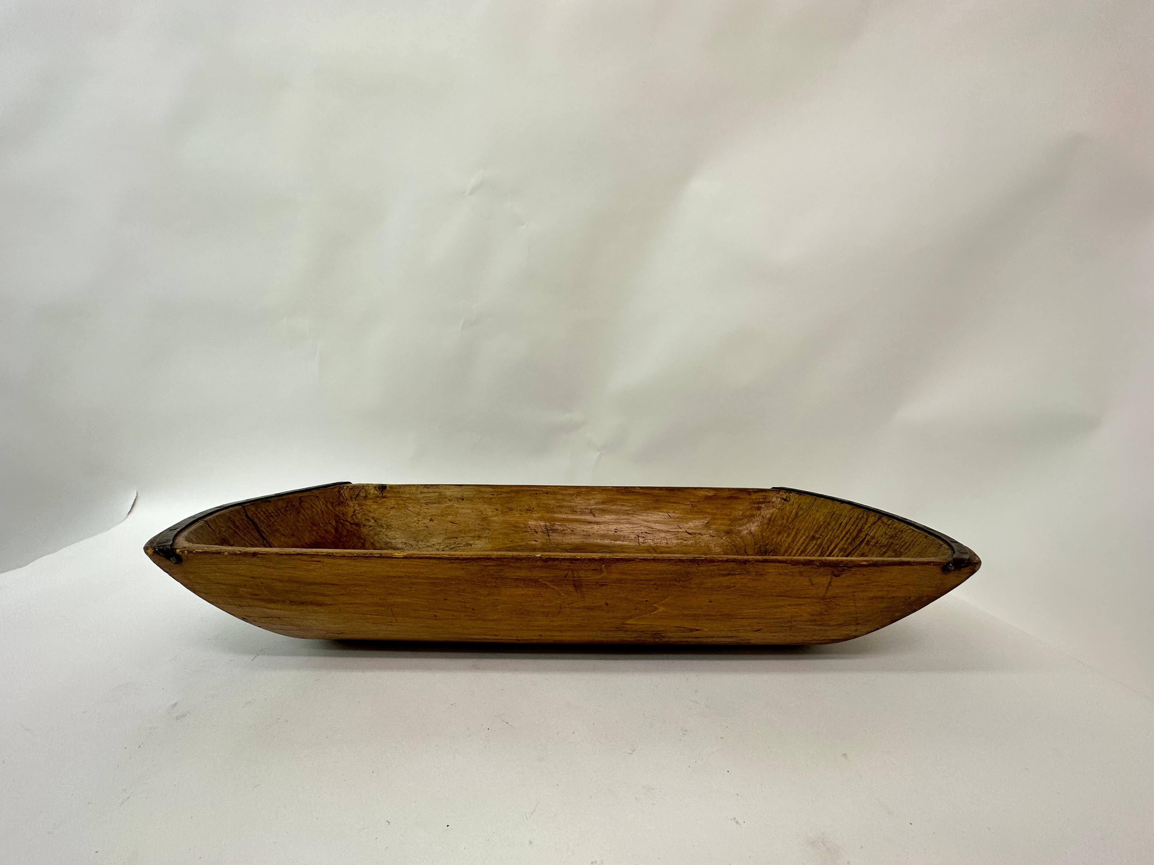Iron Antique wooden dough bowl trough hand carved with metal details 1900’s