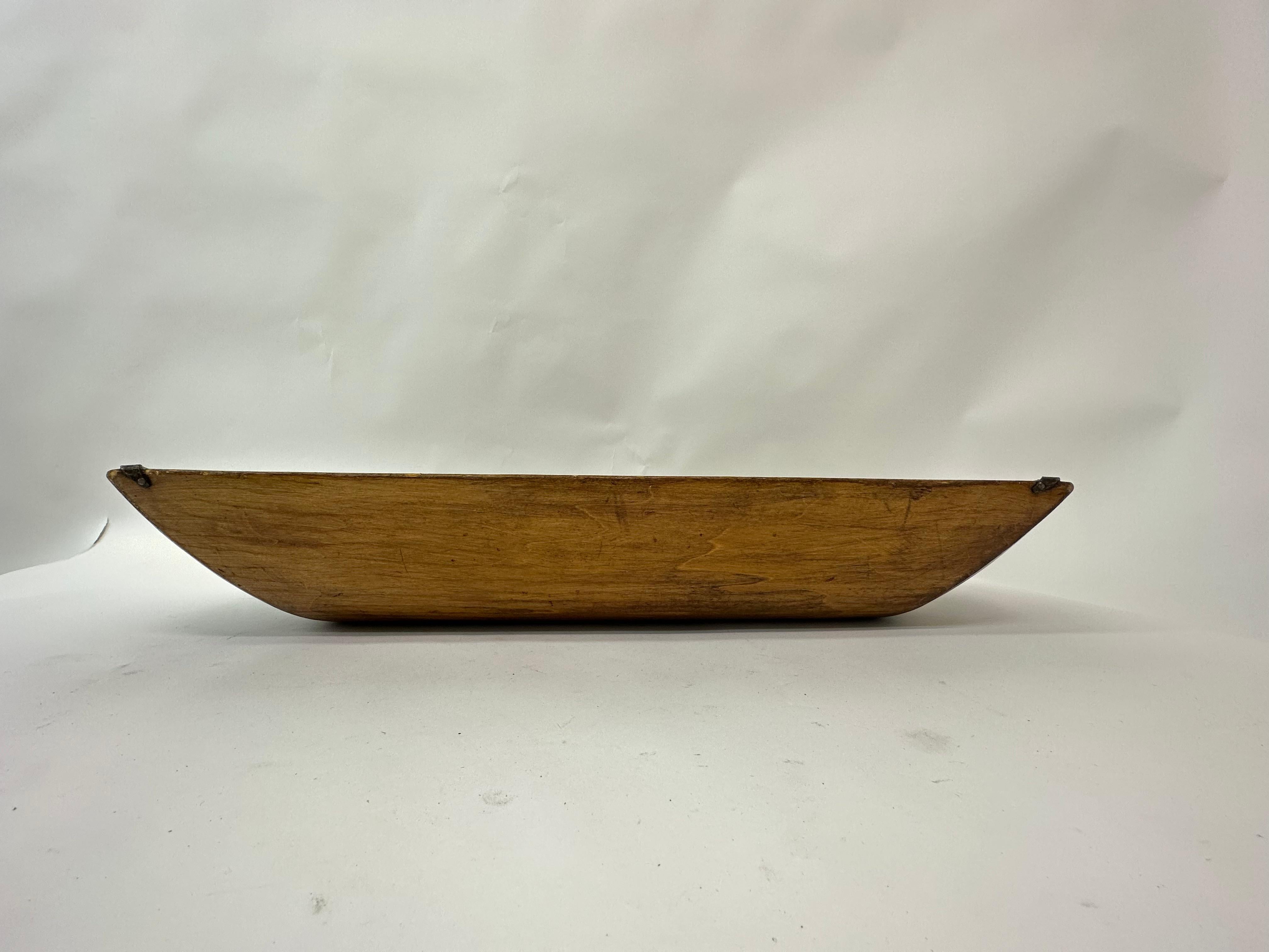 Antique wooden dough bowl trough hand carved with metal details 1900’s 1