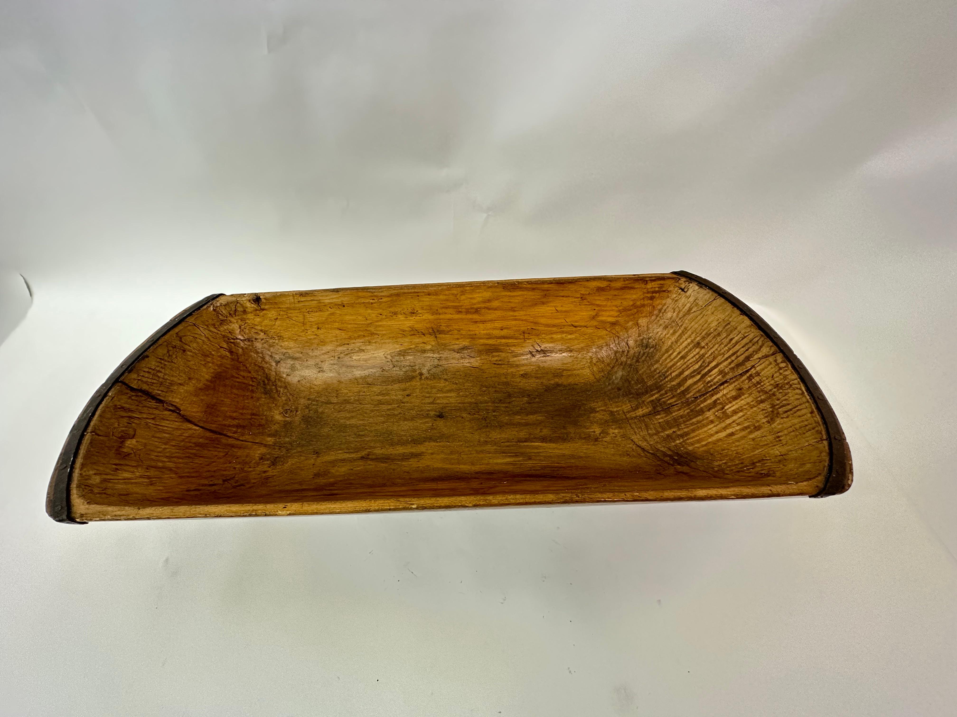 Antique wooden dough bowl trough hand carved with metal details 1900’s 2