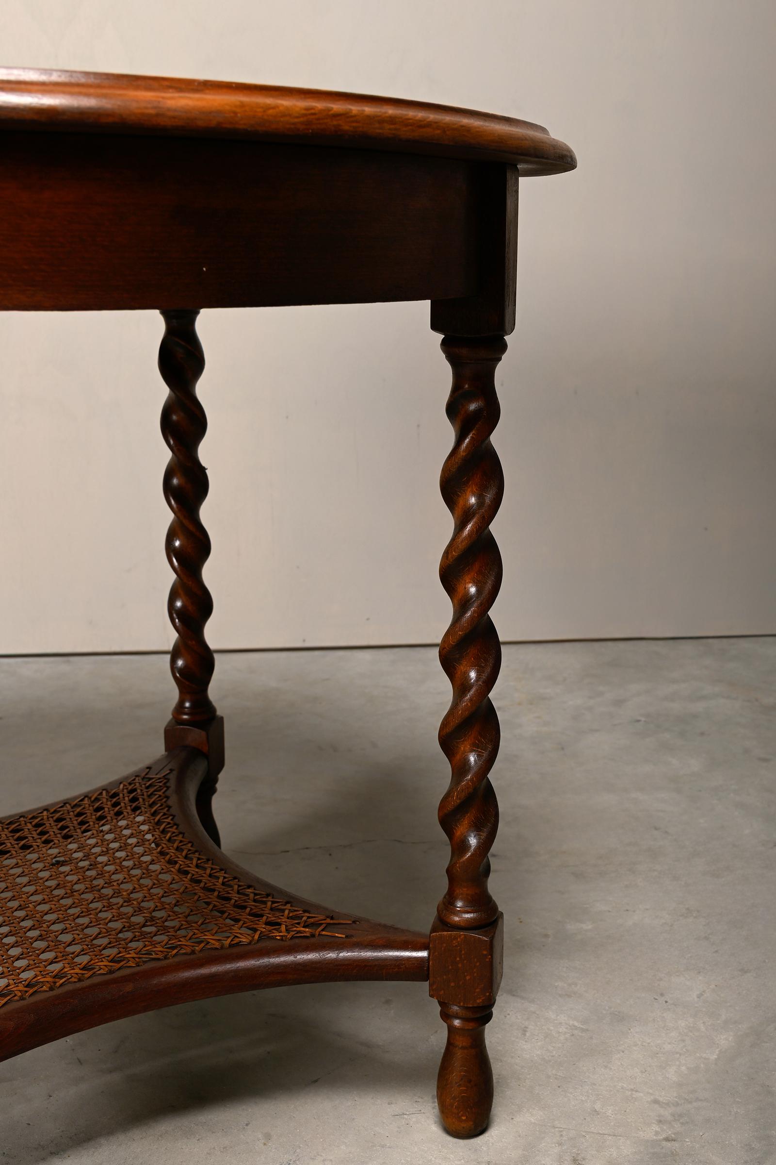 19th Century Antique wooden English Side Table with Straw and Turned Bobbin Legs, 19th C.
