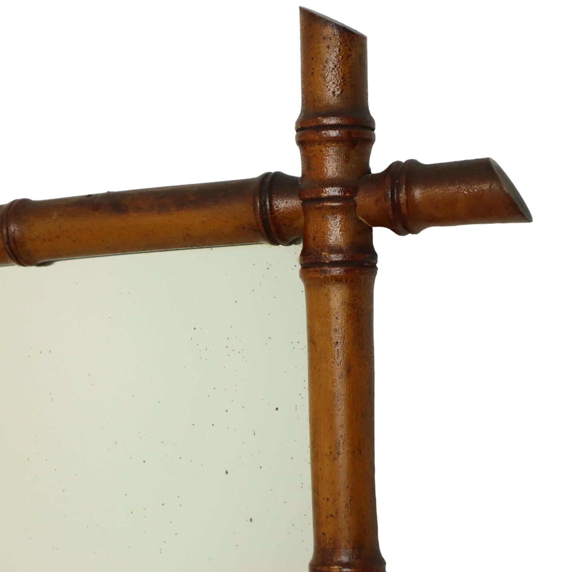 Antique Wooden Faux Bamboo Mirror Chinoiserie France 55x43cm Art Nouveau