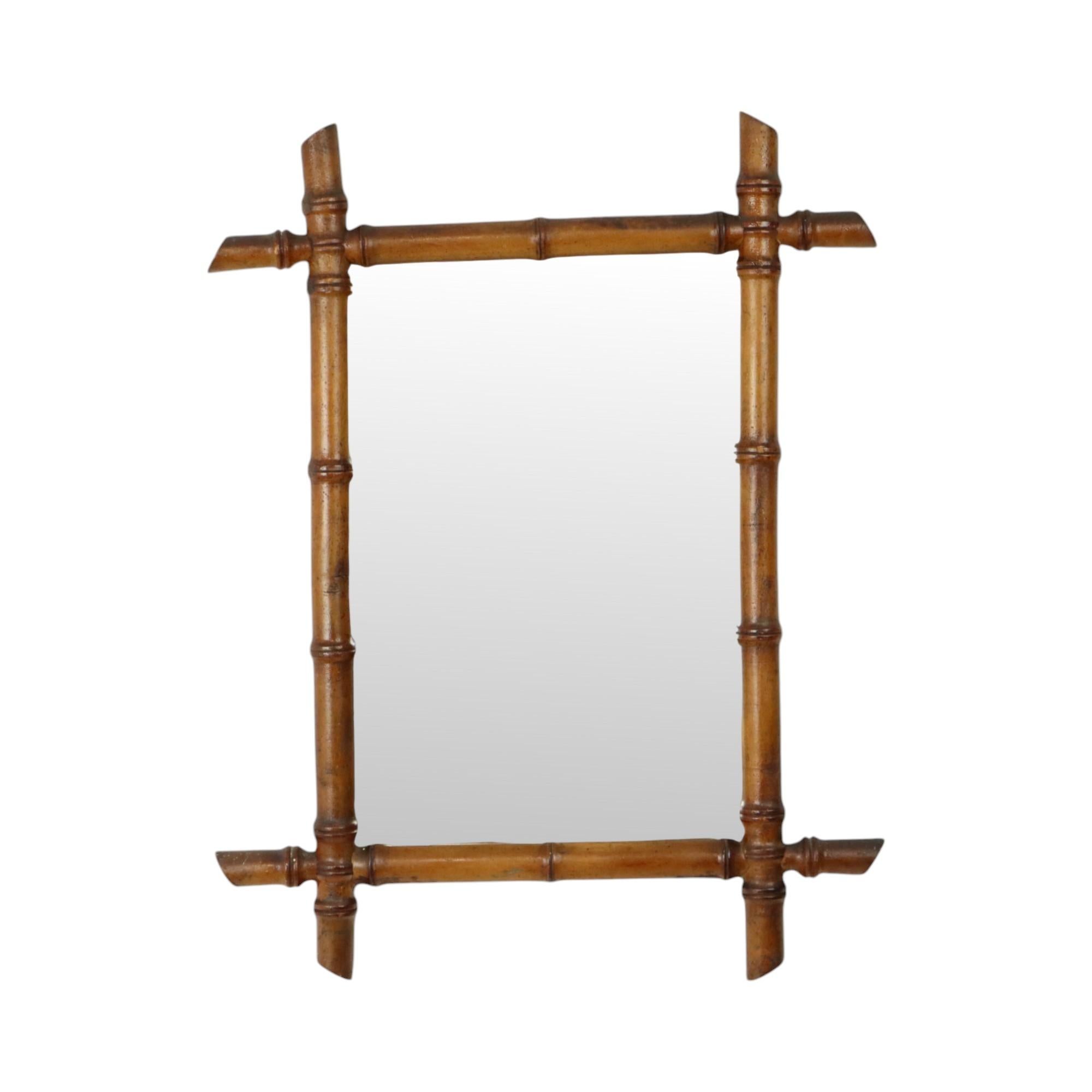 Antique Wooden Faux Bamboo Mirror Chinoiserie France 55x43cm Espejo