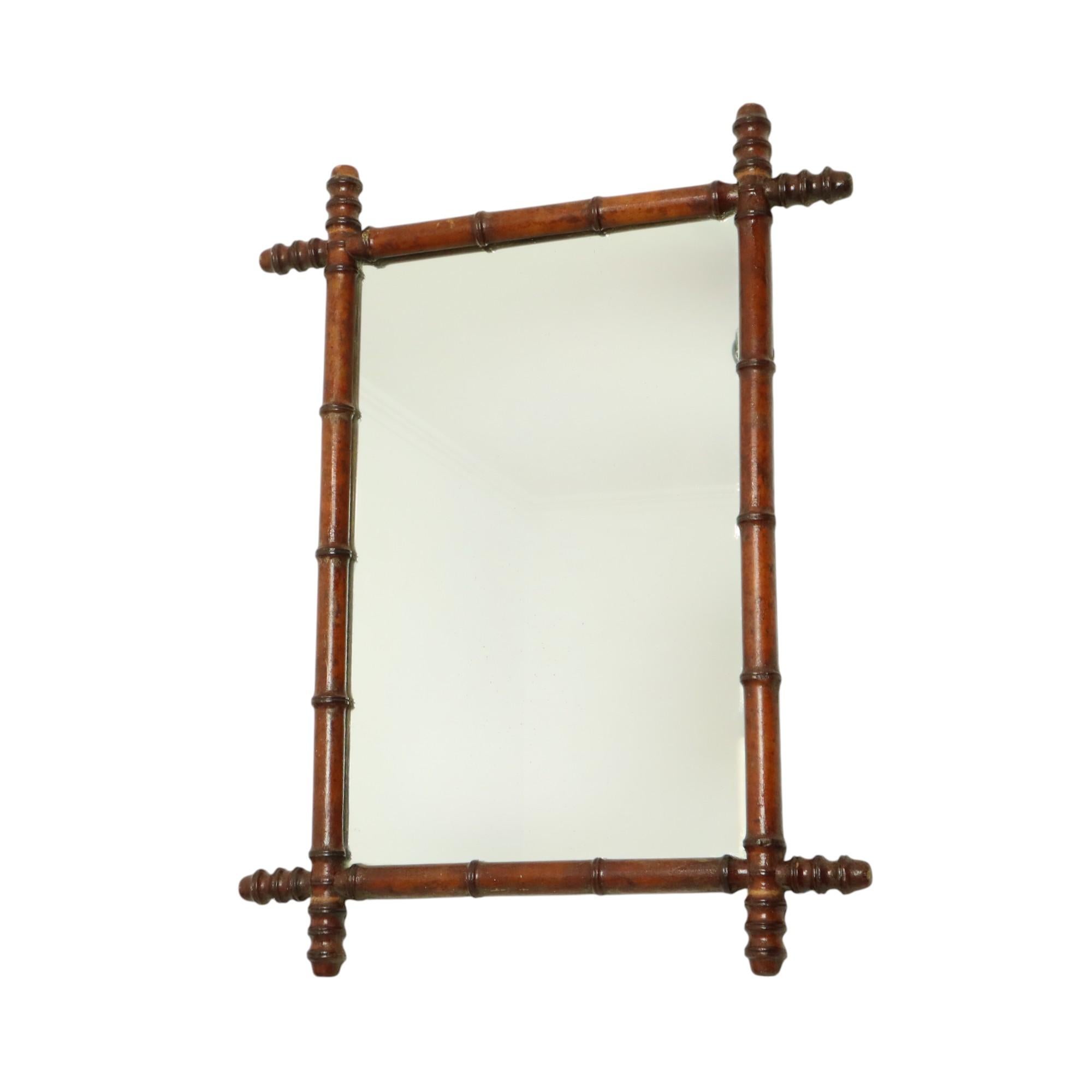 Antique Wooden Faux Bamboo Mirror Facet Cut France 58x78cm Chinoiserie en venta
