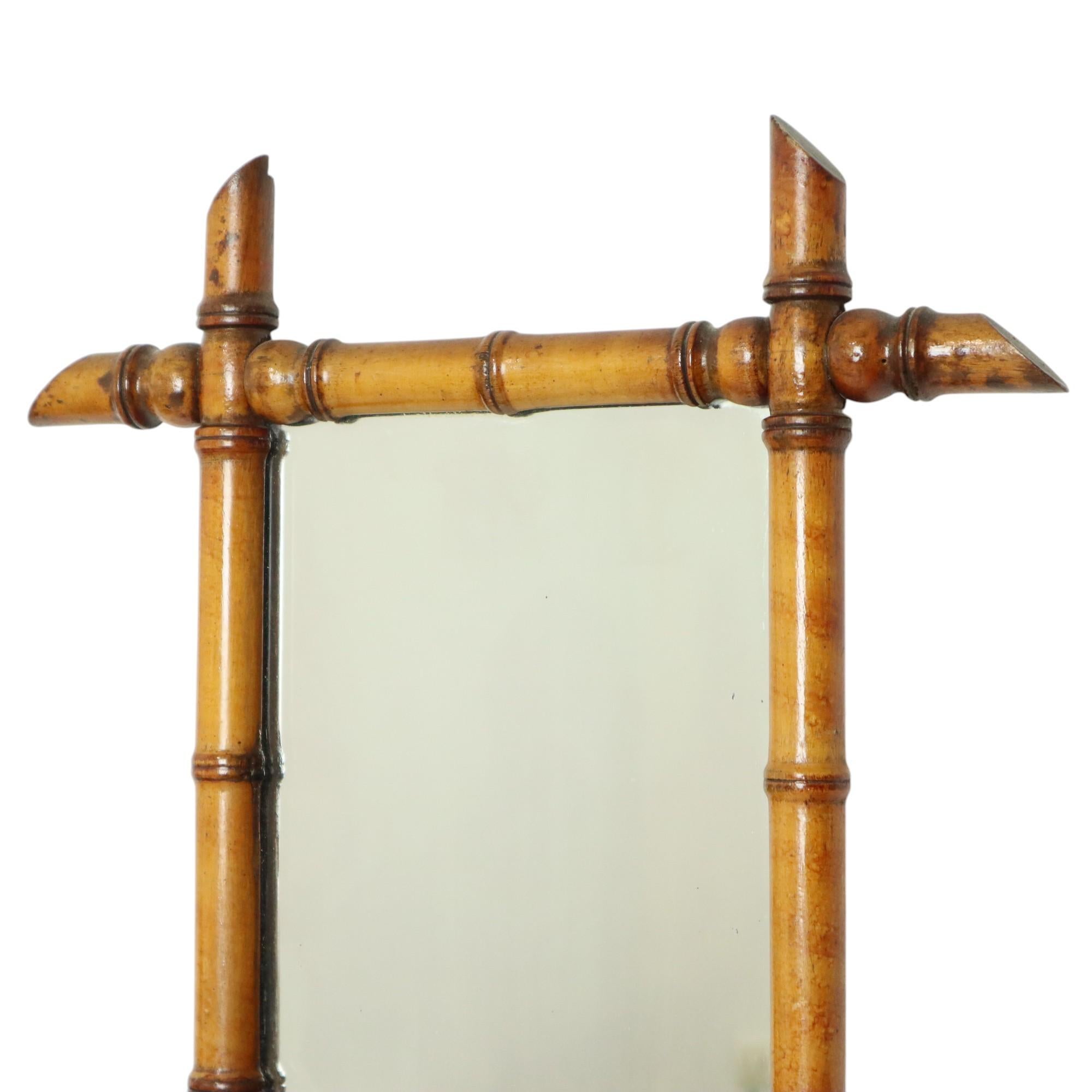 Chinoiserie Antique Wooden Faux Bamboo Mirror France 45x39cm For Sale