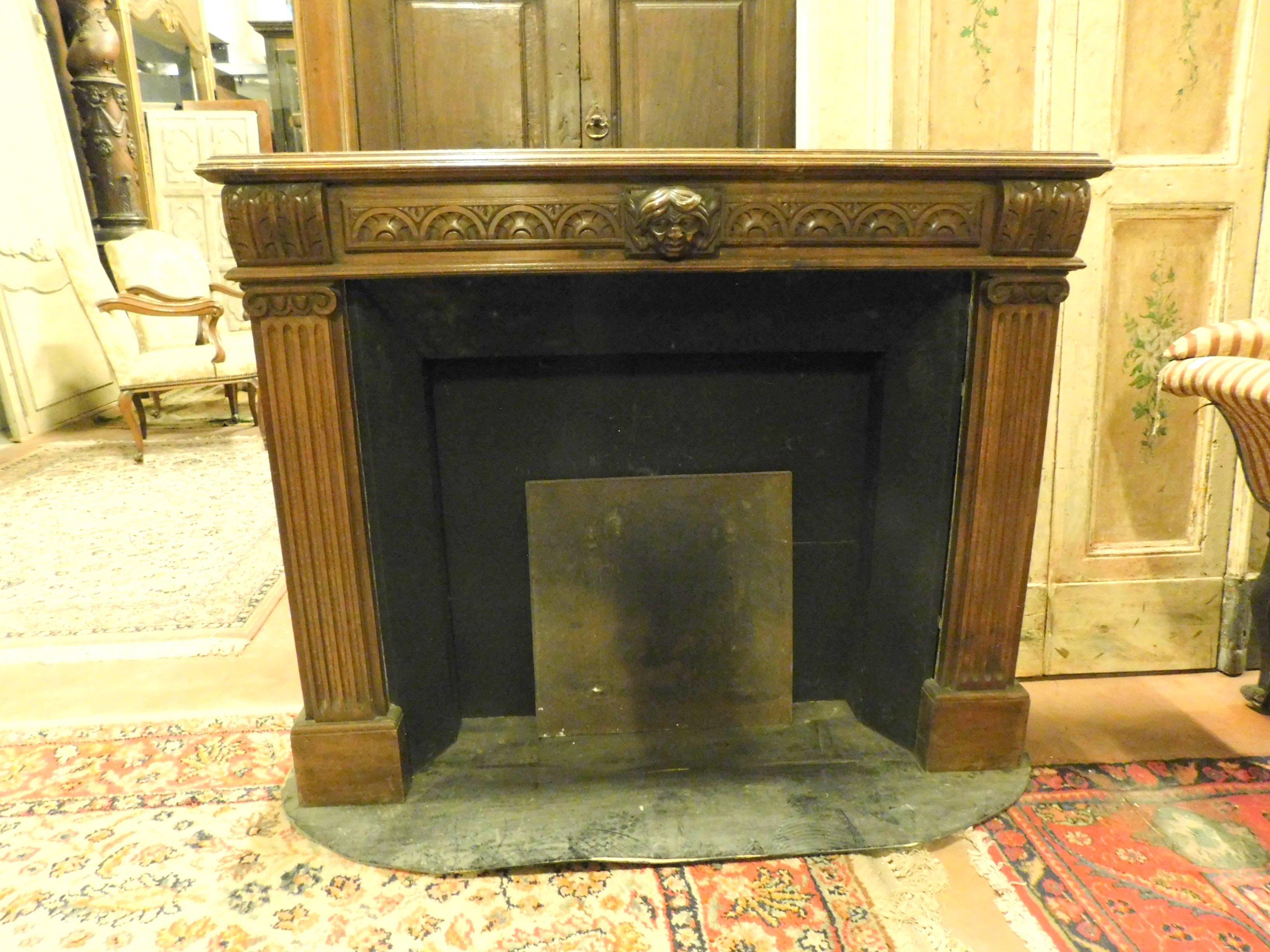 Italian Antique Wooden Fireplace Mantel, Carved with Satyr & Columns, 19th Century Italy For Sale