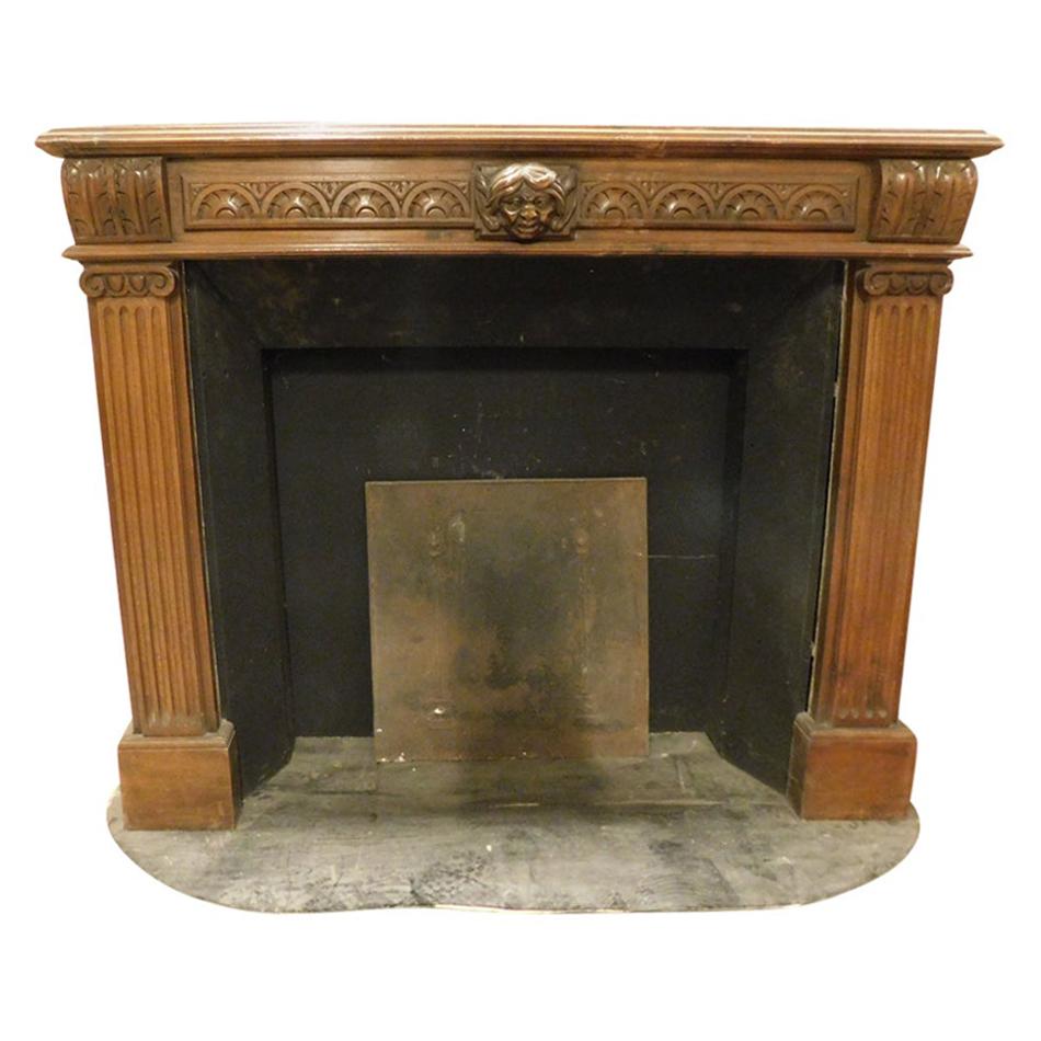Antique Wooden Fireplace Mantel, Carved with Satyr & Columns, 19th Century Italy