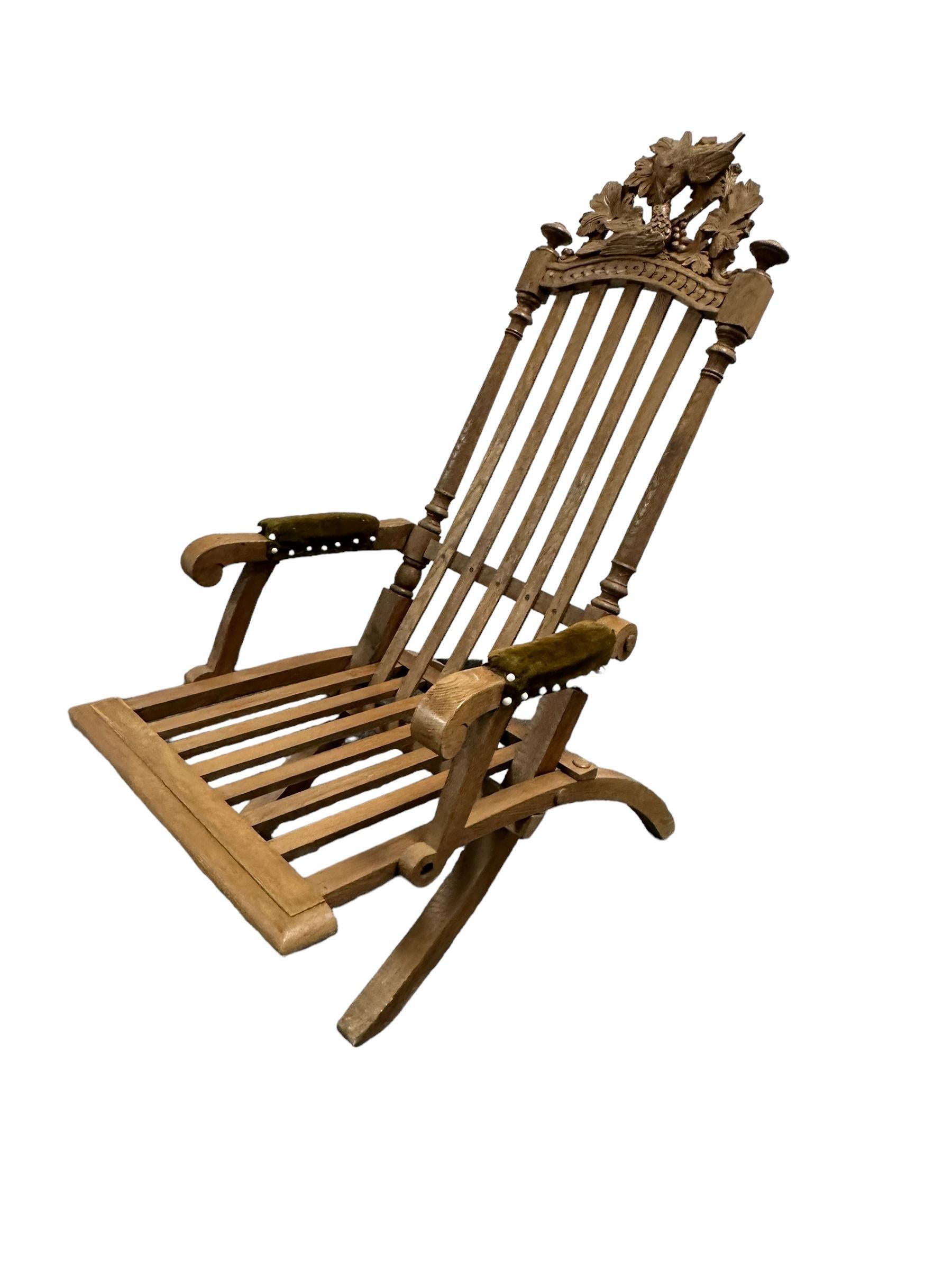 Folk Art Antique Wooden Folding Chair, Black Forest Style carved Wood, 1910s For Sale