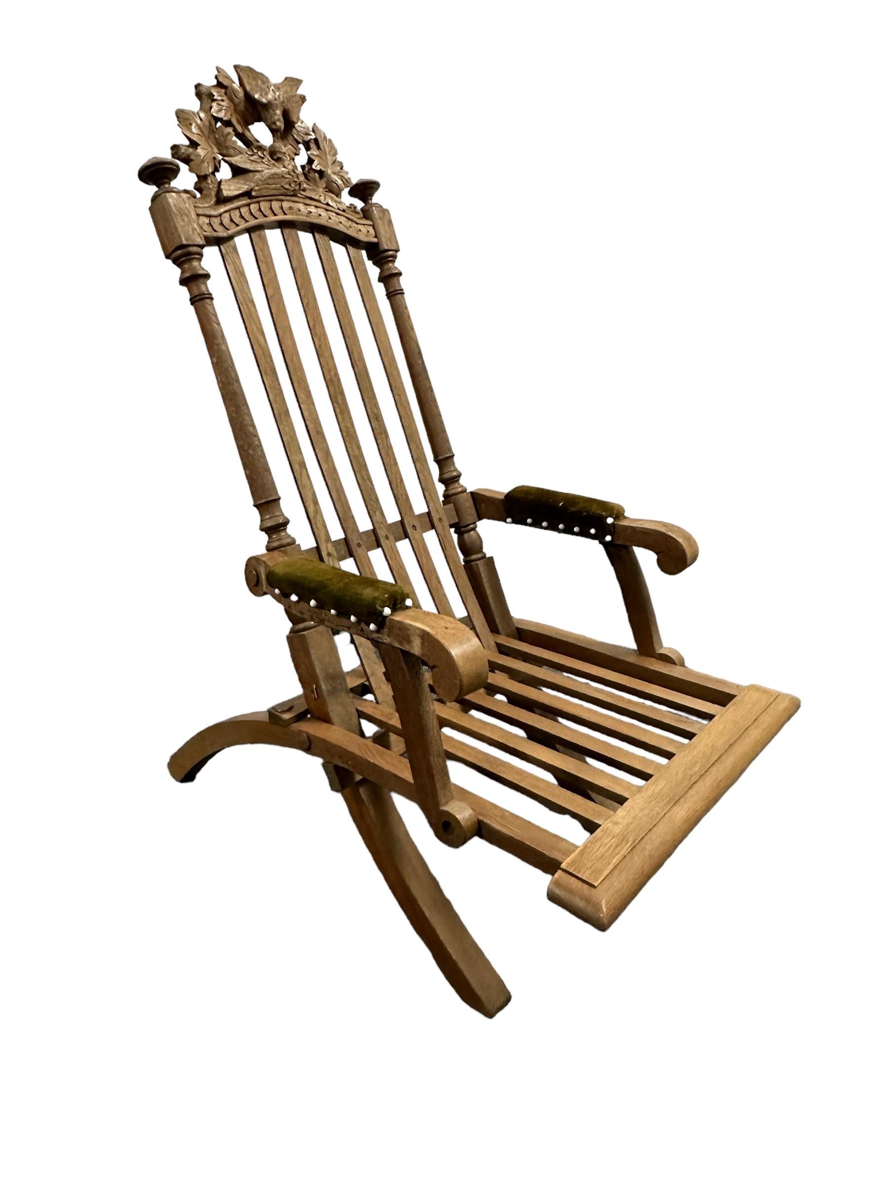 Hand-Crafted Antique Wooden Folding Chair, Black Forest Style carved Wood, 1910s For Sale