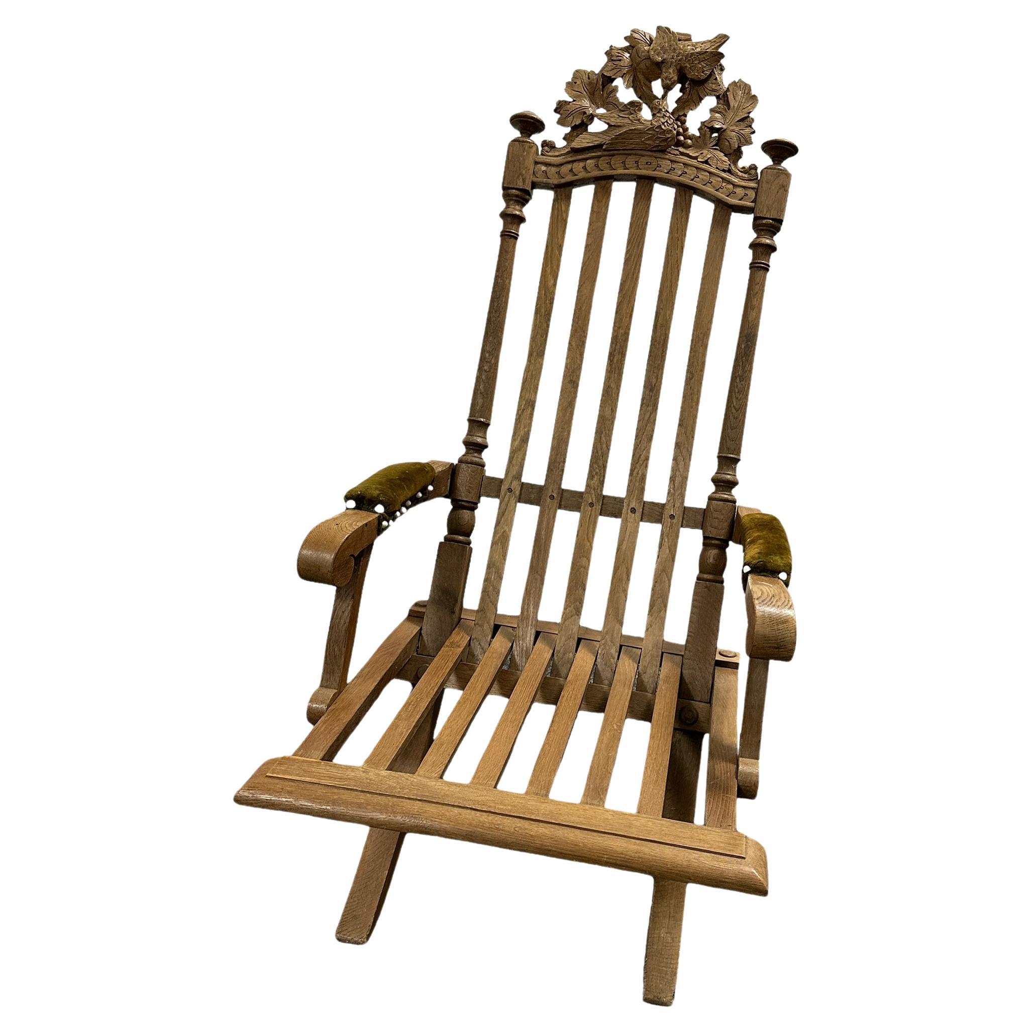 Antique Wooden Folding Chair, Black Forest Style carved Wood, 1910s For Sale