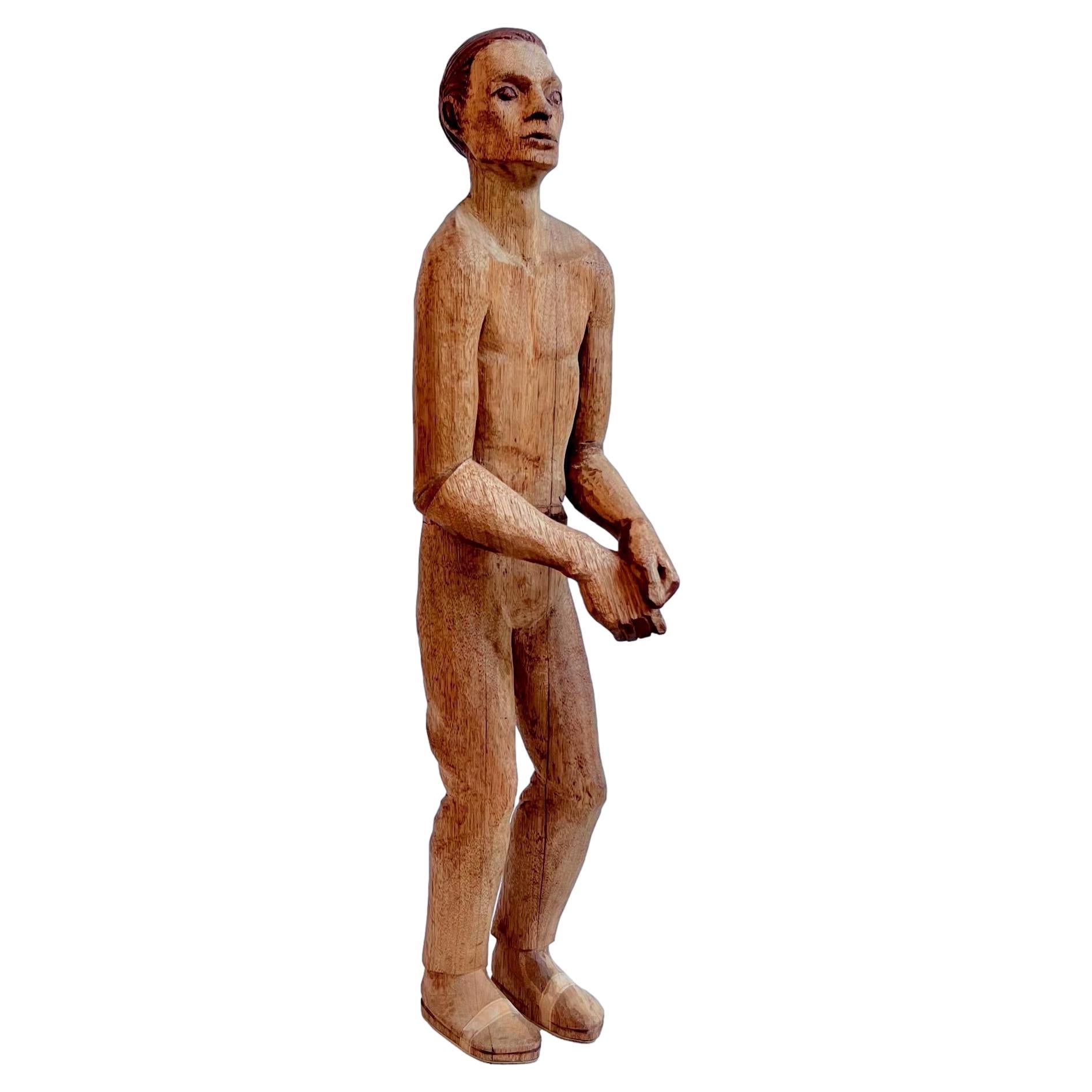 Antike männliche Volkskunst-Figur aus Holz, frühes 20. Jahrhundert, USA