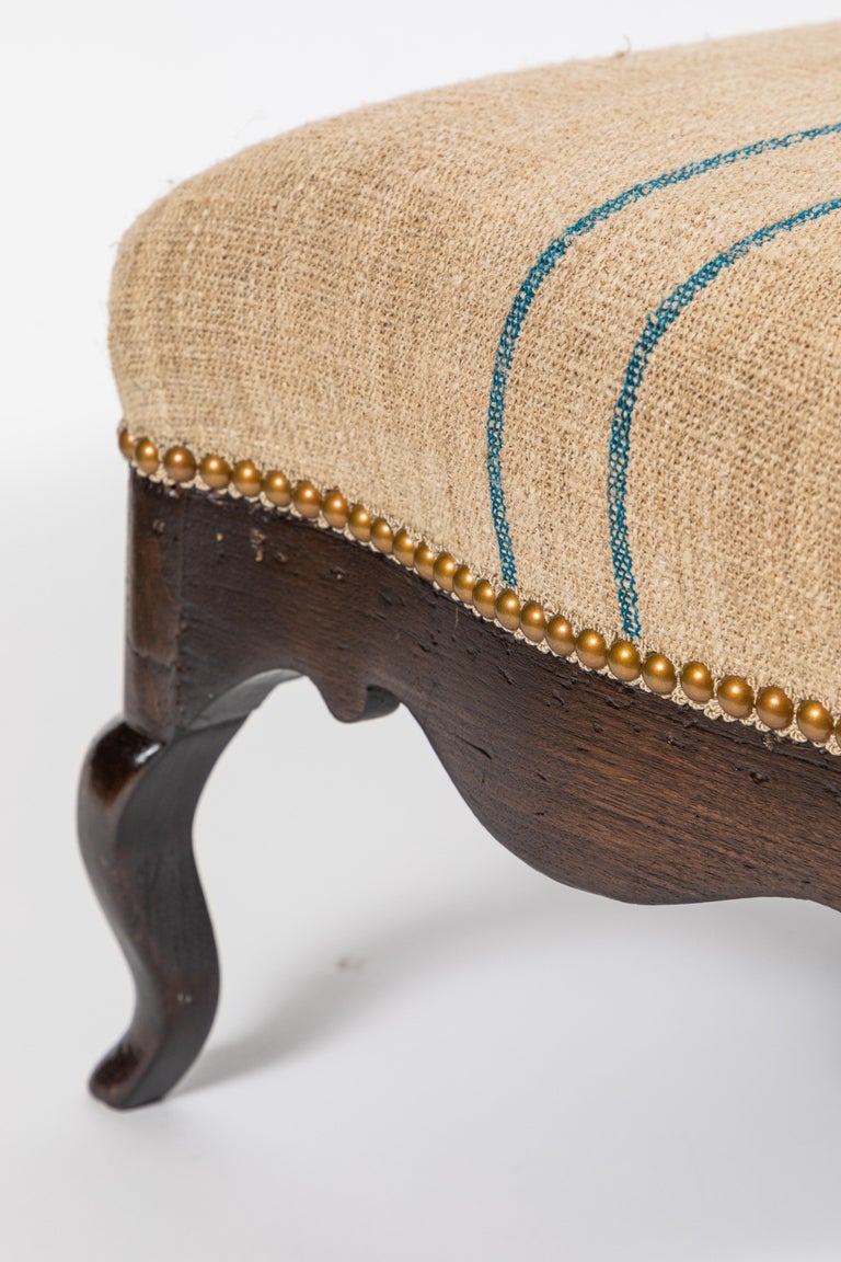 Antique Wooden Footstool Upholstered in Vintage Grain Sack