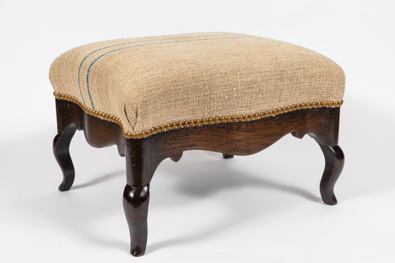 Antique Wooden Footstool Upholstered in Vintage Grain Sack at 1stDibs