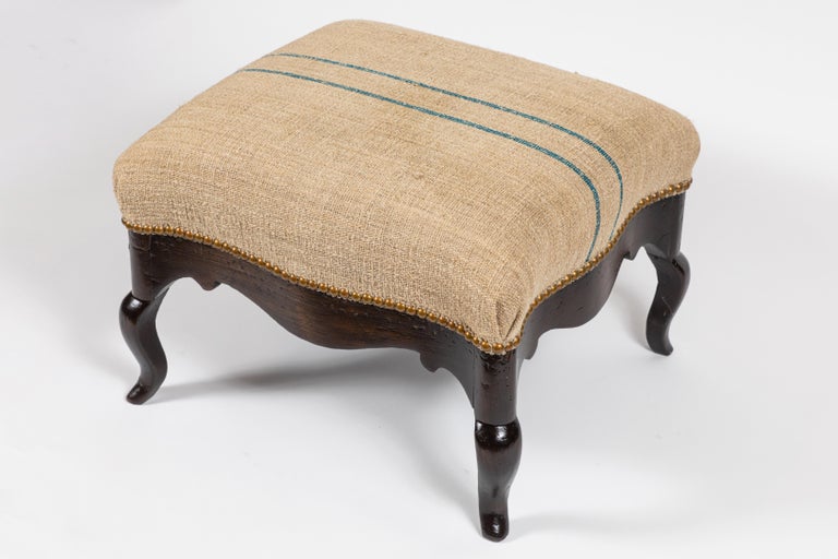 Antique Wooden Footstool Upholstered in Vintage Grain Sack at 1stDibs
