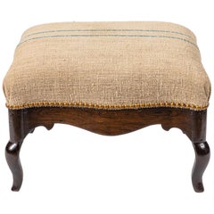 Antique Wooden Footstool Upholstered in Vintage Grain Sack