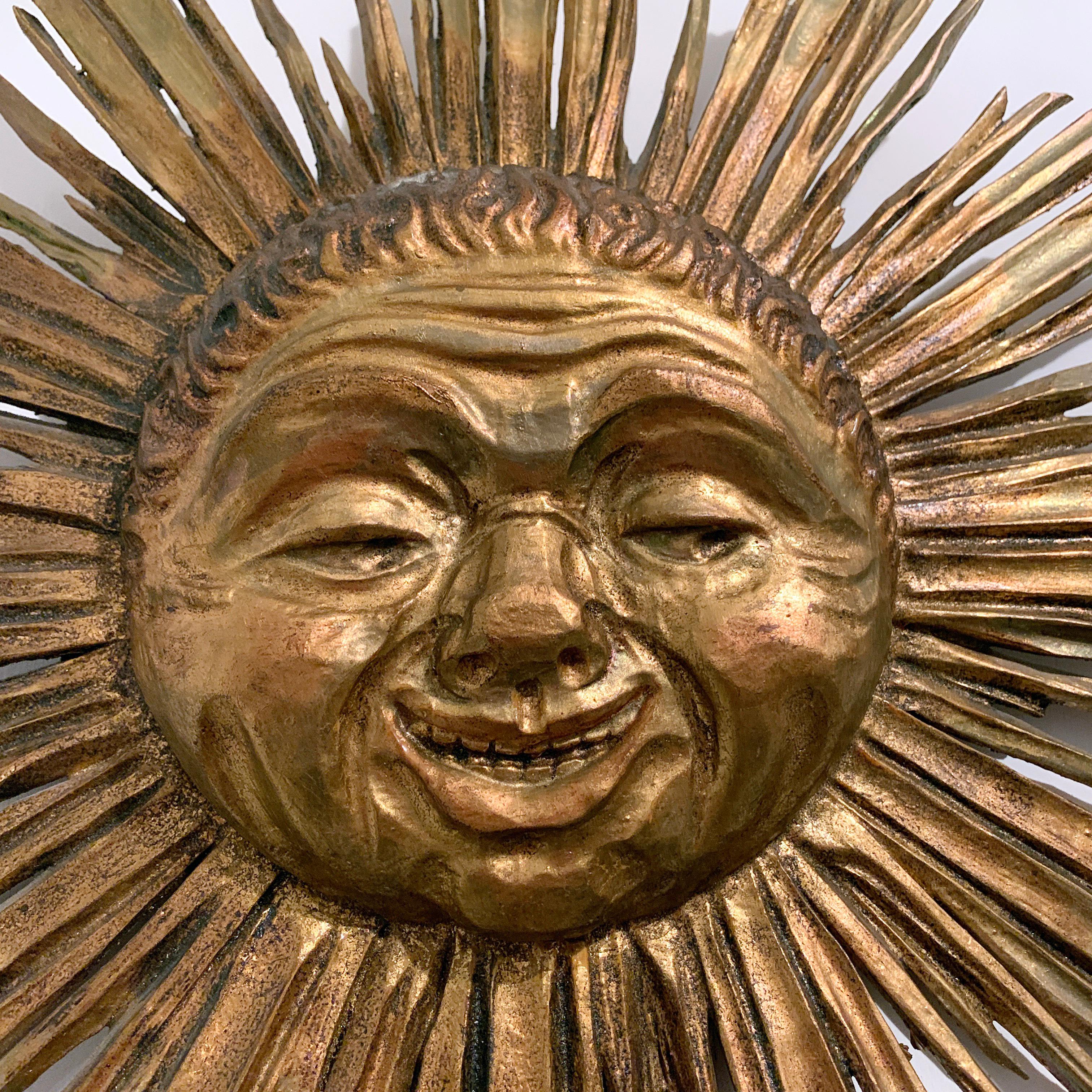 Hand-Crafted Antique Wooden Gilt Sunburst Face Plaque