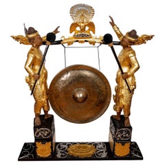 Antique Wooden Gong Table Carved Hands - Gold and Silver Leaves - Early Xxth