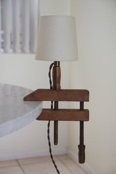 Antique Wooden Handscrew Clamp Lamp w/ Shade By Understated Design Los Angeles