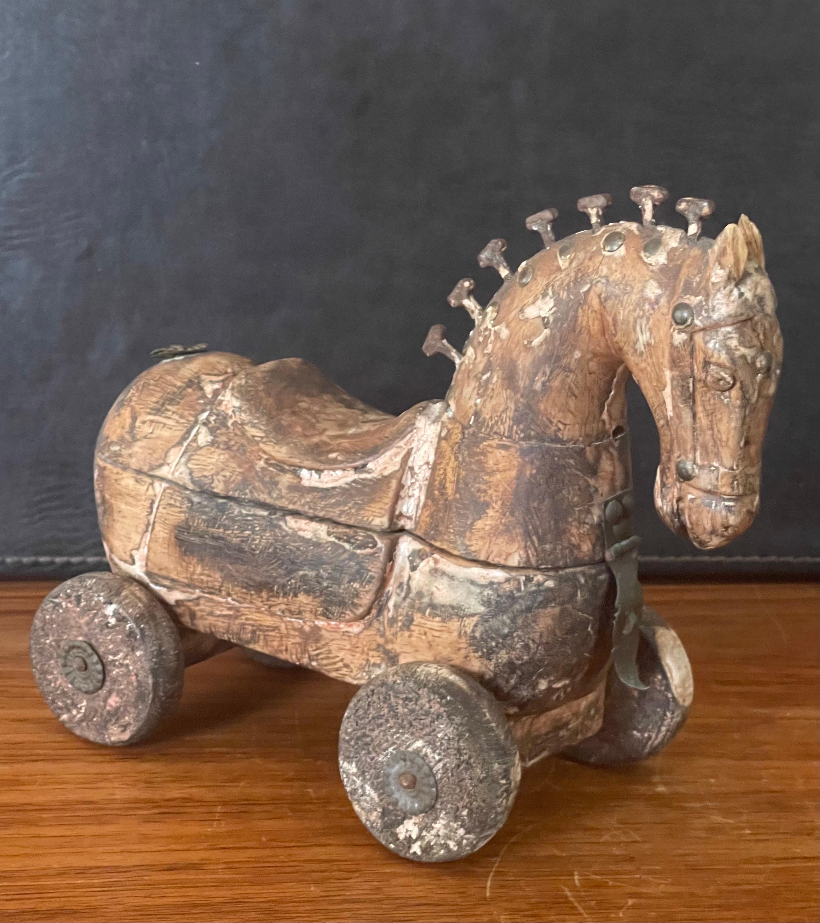Antique Wooden Horse Pull Toy on Wheels 6
