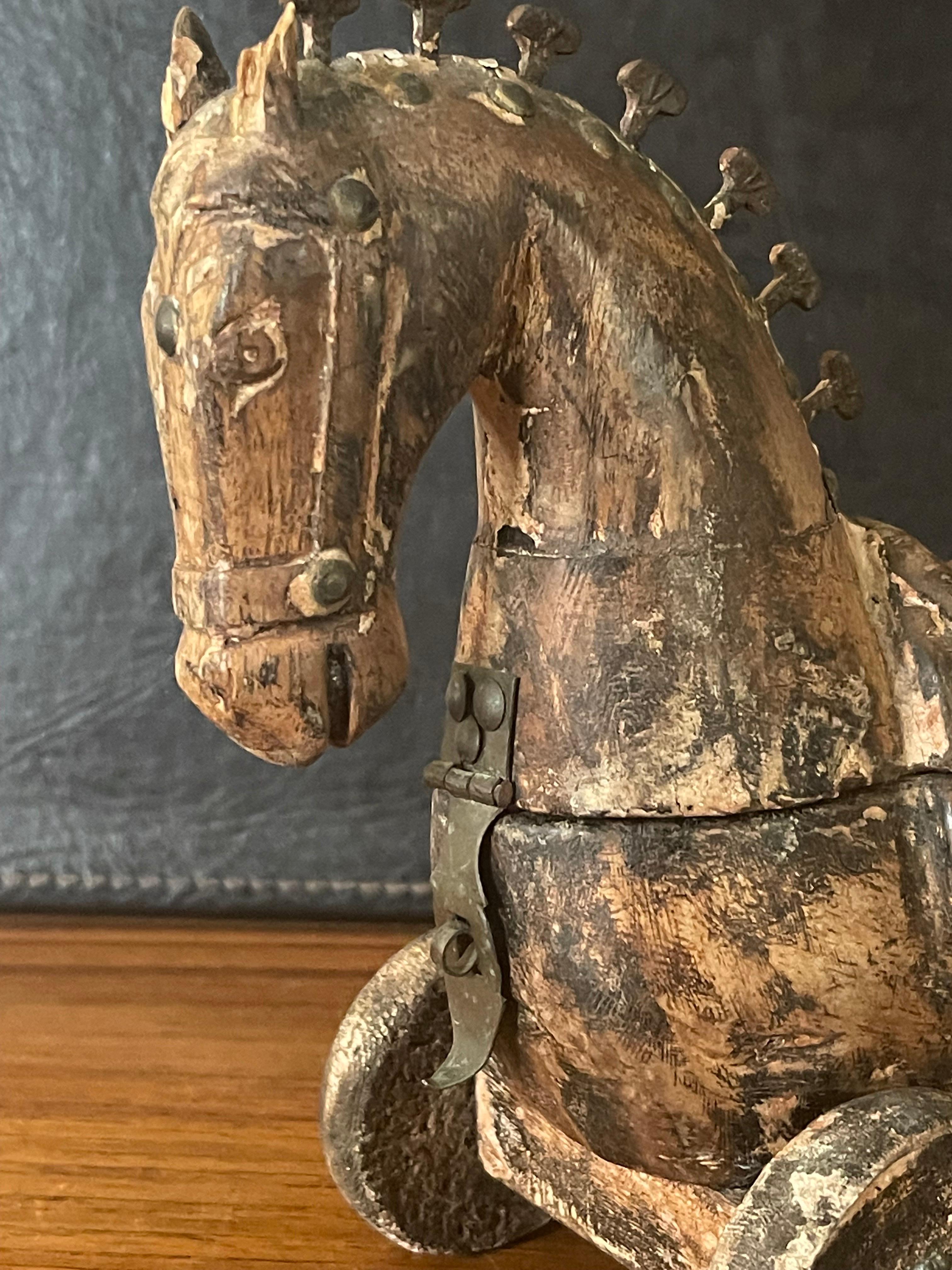 Antique Wooden Horse Pull Toy on Wheels 8