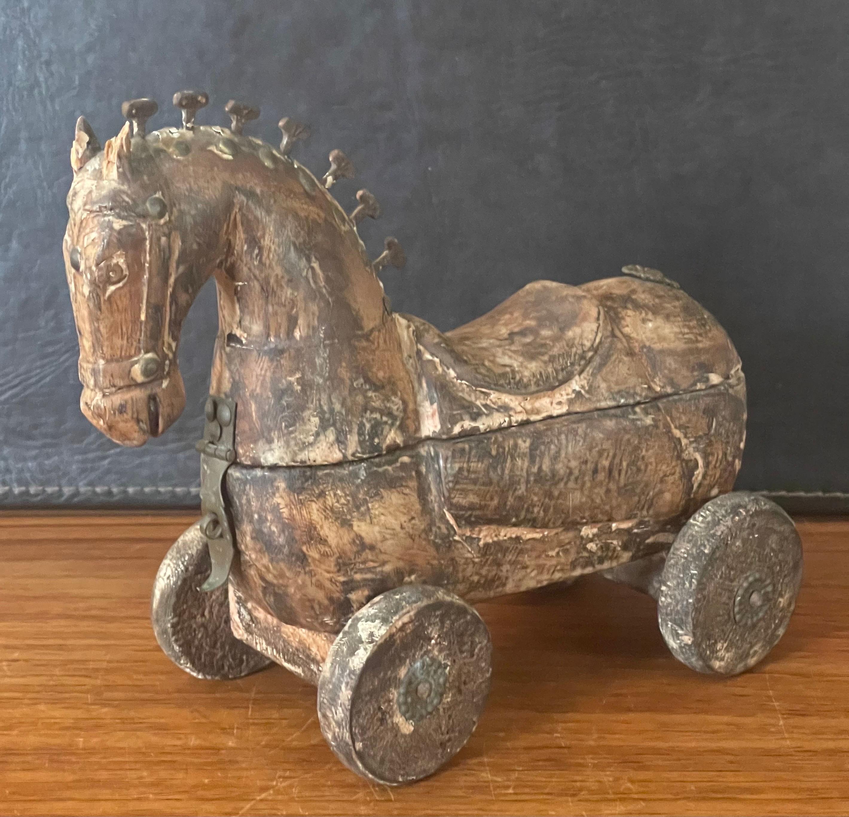 Antique Wooden Horse Pull Toy on Wheels 9