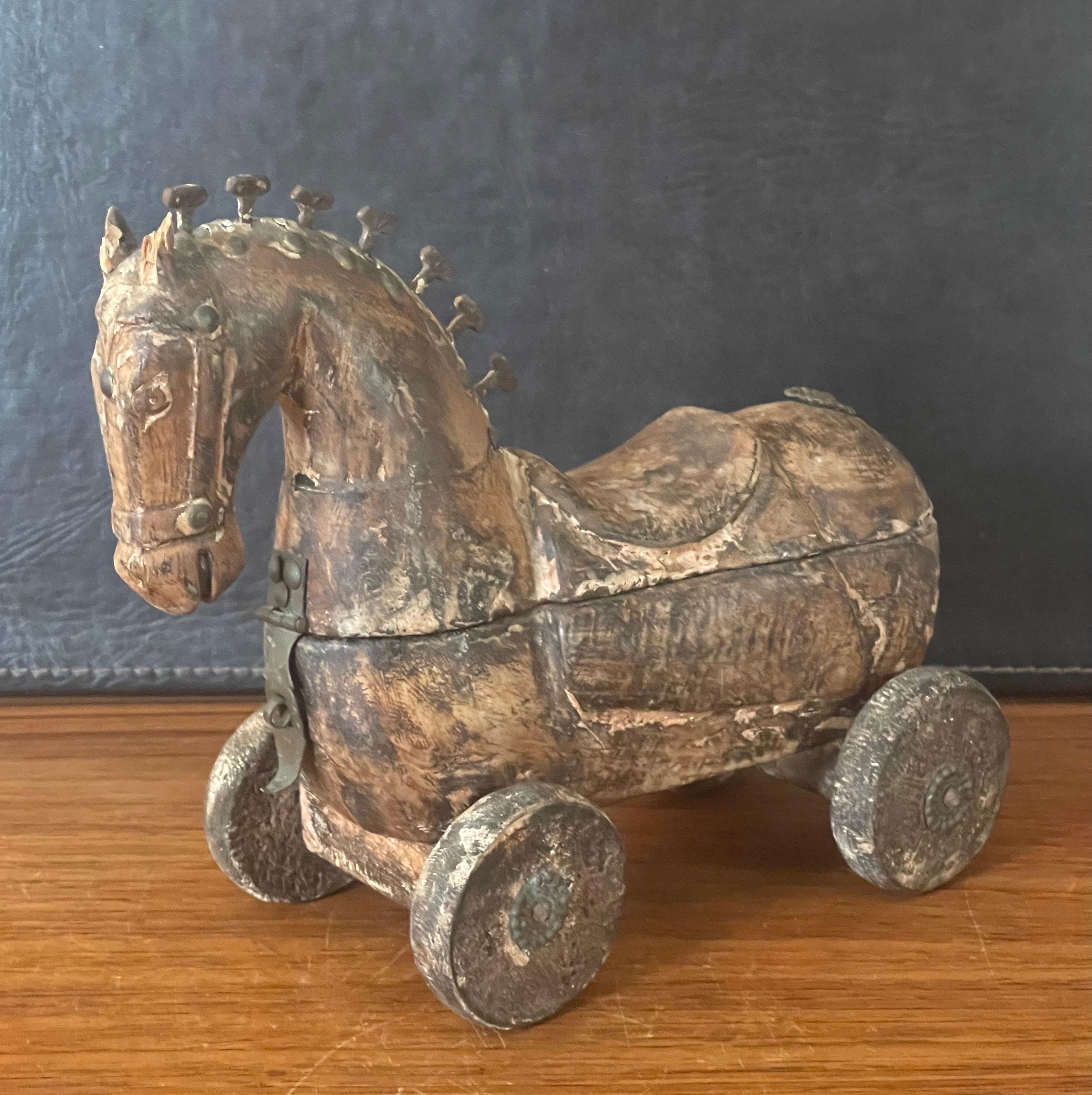 North American Antique Wooden Horse Pull Toy on Wheels