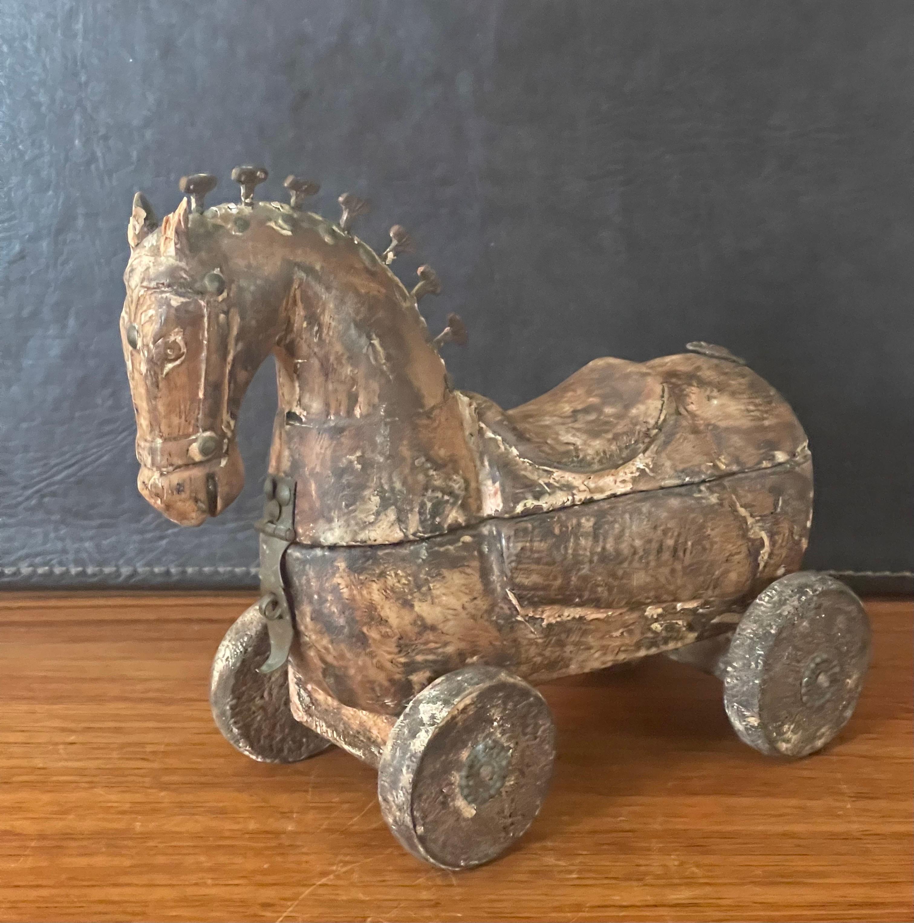 Antique Wooden Horse Pull Toy on Wheels In Fair Condition In San Diego, CA