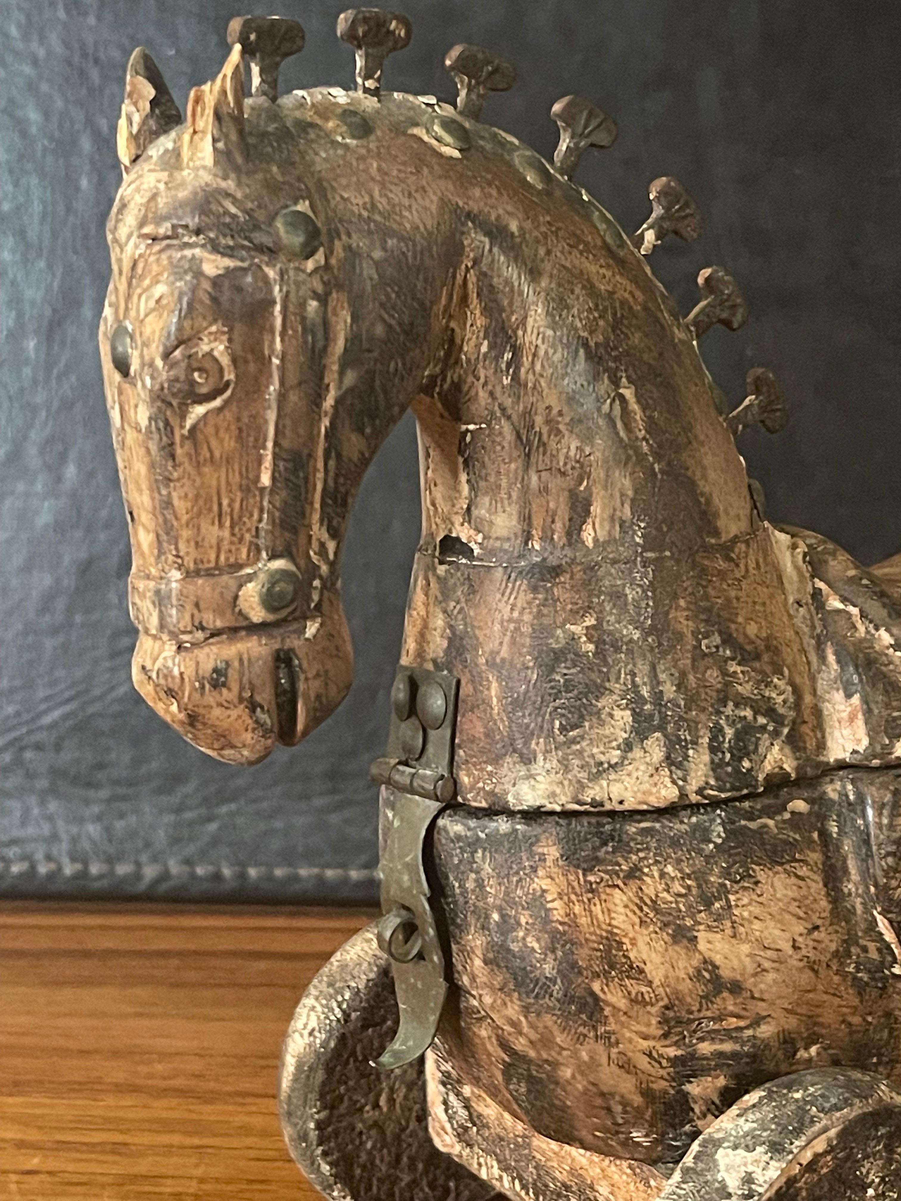 20th Century Antique Wooden Horse Pull Toy on Wheels