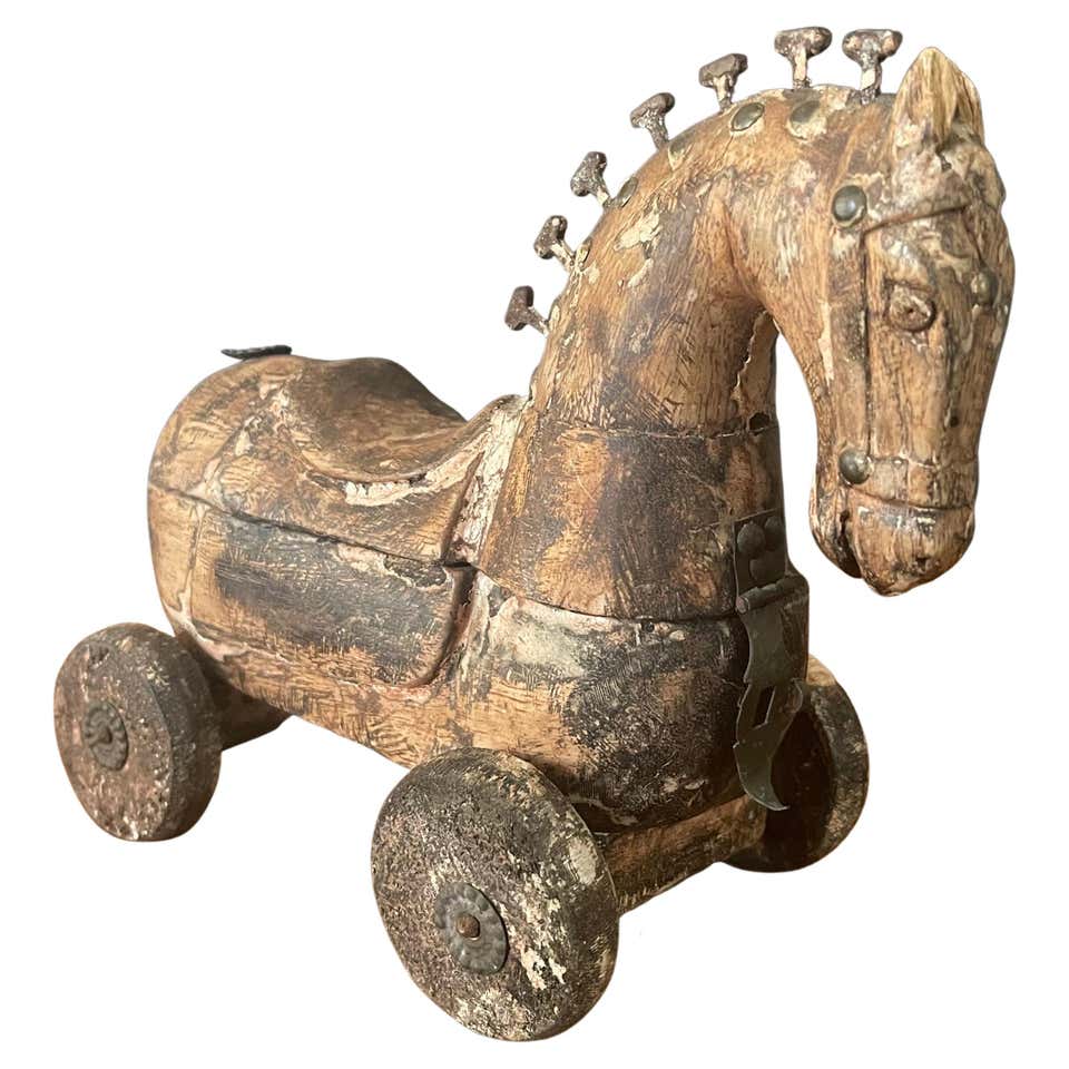 Antique Primitive Rocking Horse On Wooden Trestle Base Large At antique-primitive-rocking-horse-on-wooden-trestle-base-large-at