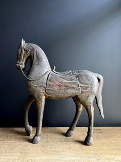 Antique Wooden Horse with Repoussé Brass Cladding and Chain Bridle, Early 20th C